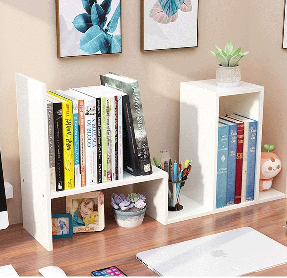 Expandable Wood Desktop Bookshelf - Adjustable Office Organizer & Storage Rack with 360° Rotation - White Home Decor for Workspace, Study & Living Room Organization