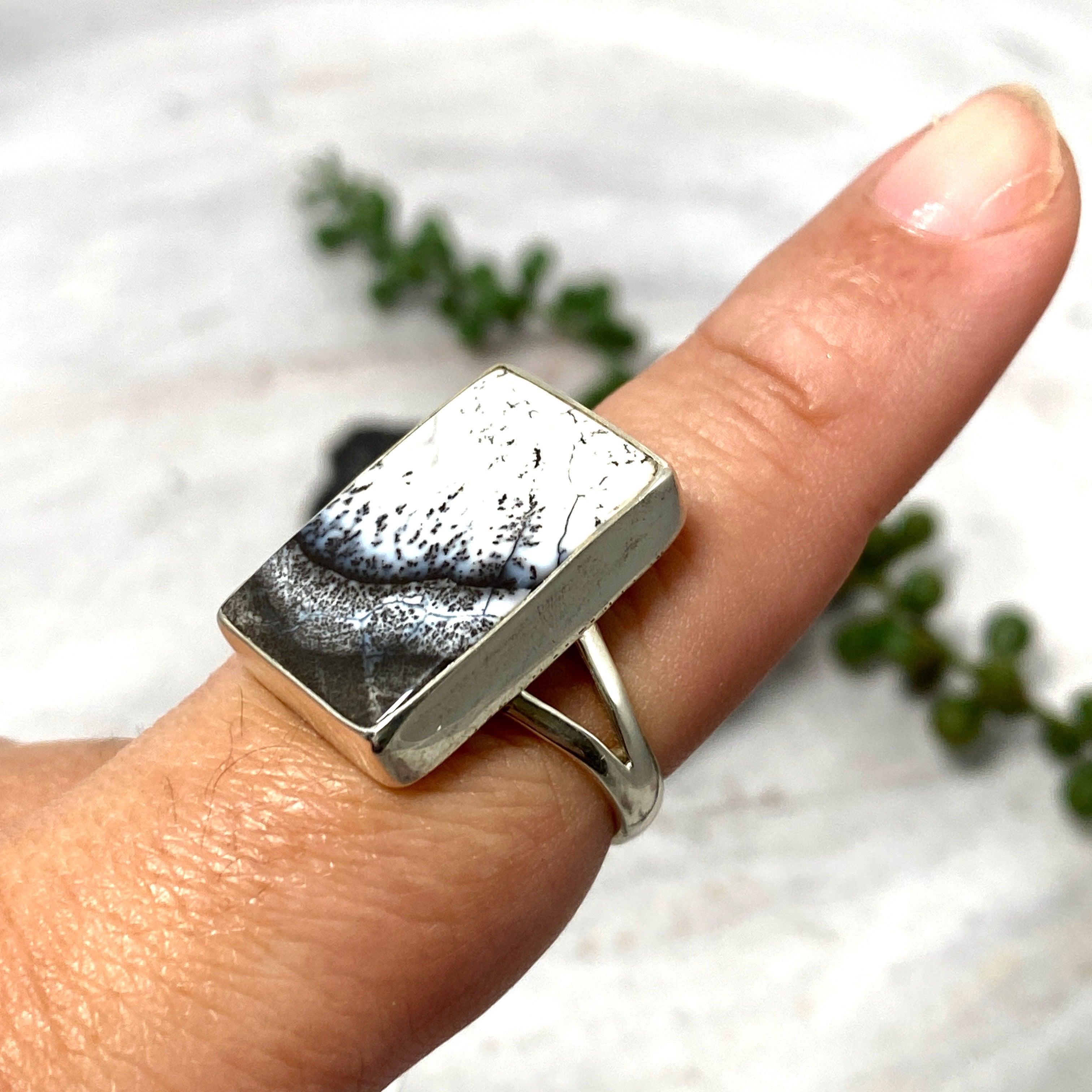 Dendritic Opal Rectangular Ring Size 9 KRGJ2293 - Elegant Handmade Jewelry for Women, Perfect for Weddings, Parties & Special Occasions