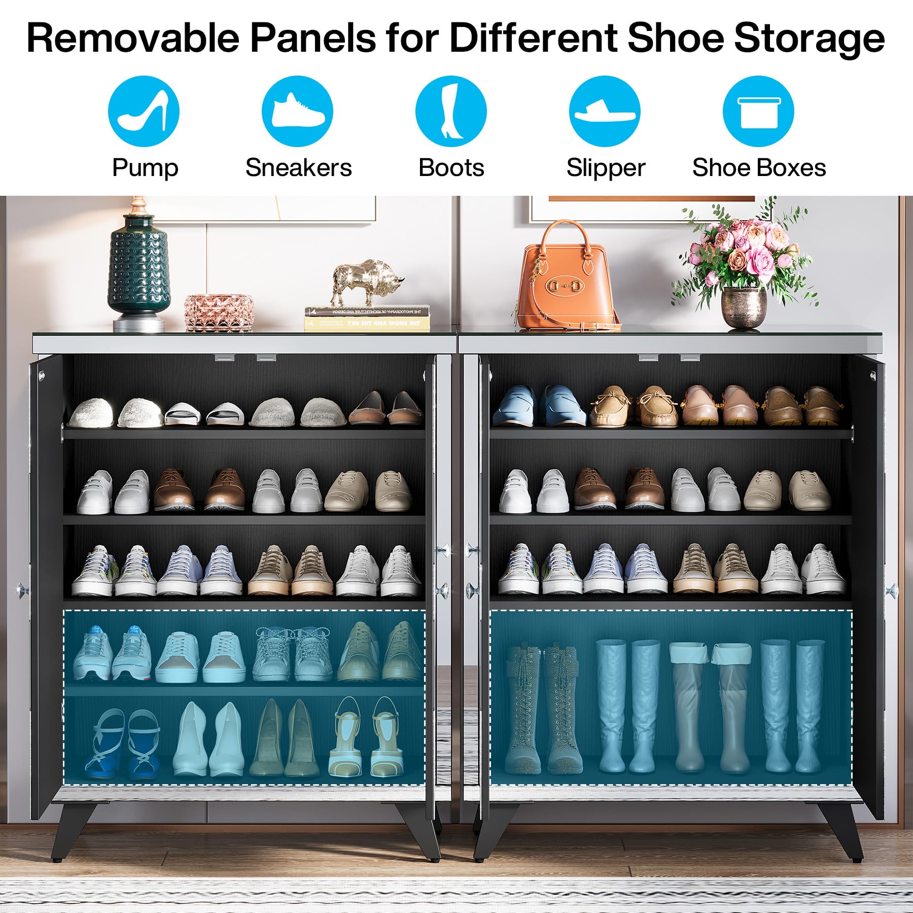 Tribesigns Modern Glass Shoe Storage Cabinet with Mirrored Doors & Crystal Crush Diamond Design - Entryway Shoe Organizer for Hallway, Closet, Bedroom (Perfect for Small Spaces & Home Decor)