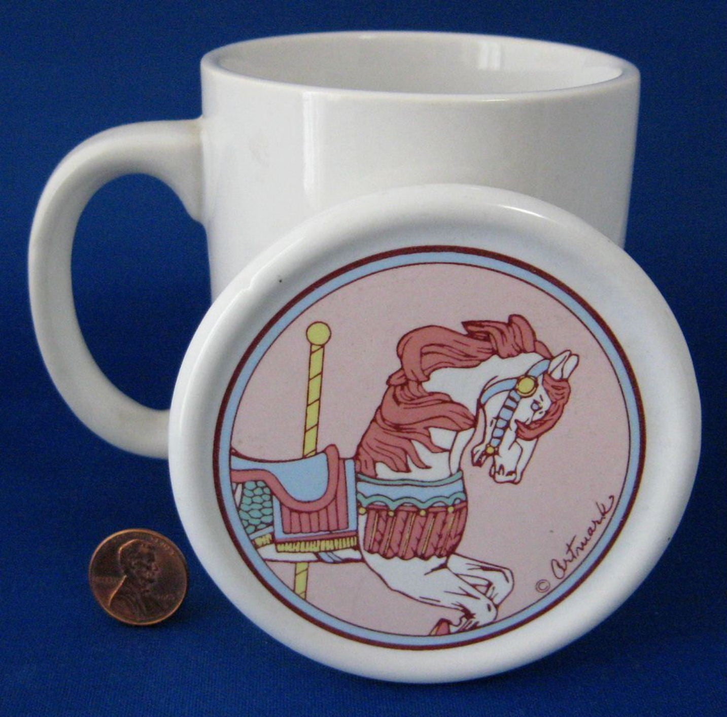 Vintage Pink Carousel Horse Ceramic Mug with Coaster - 90s Artmark Collectible Coffee Cup for Home, Office & Gift Giving