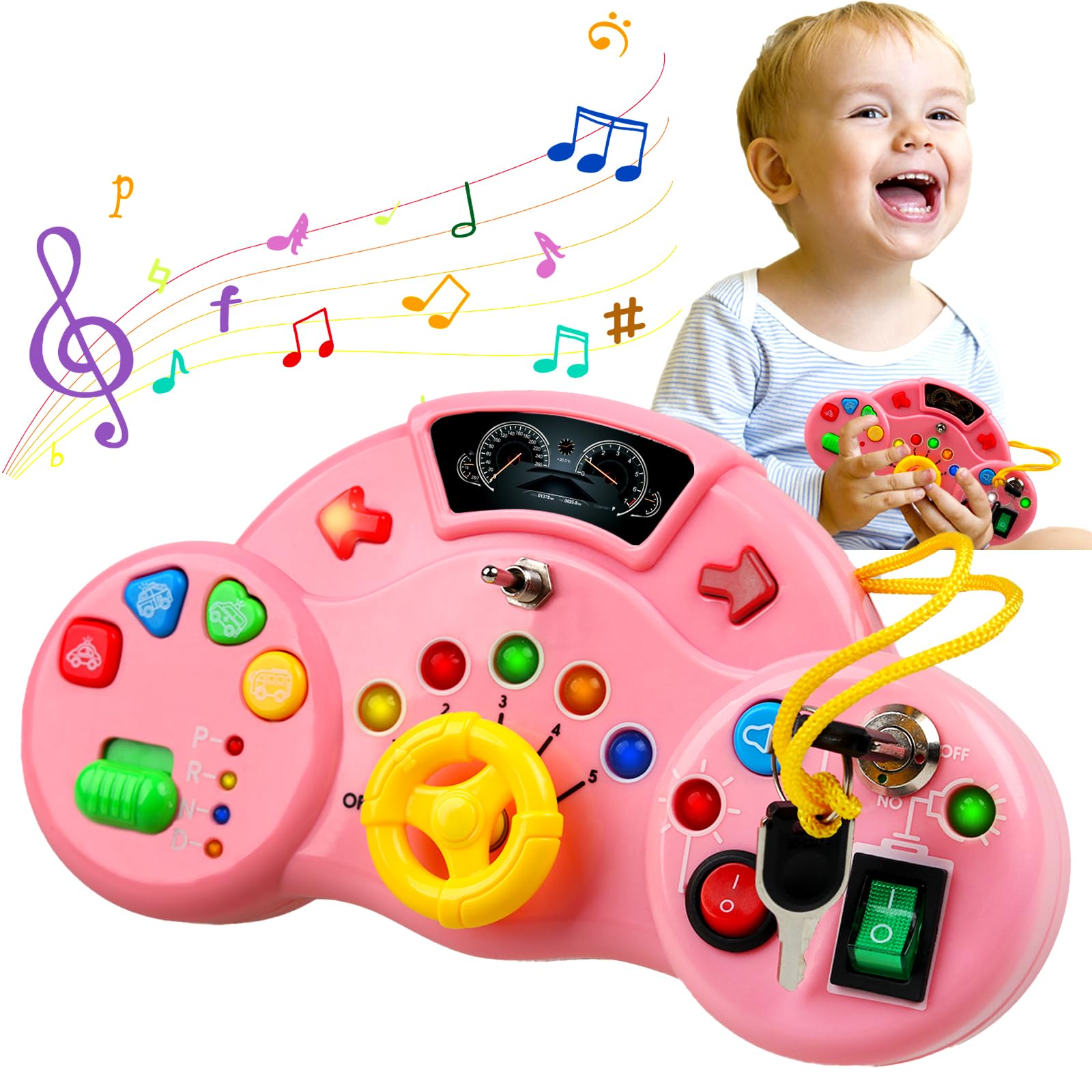 Montessori Busy Board for Toddlers 1-4 Years - LED Musical Light Switch Sensory Toy with Preschool Learning Activities | Travel & Educational Gift for Boys & Girls (Pink) - Perfect for Home, Classroom & Airplane Travel