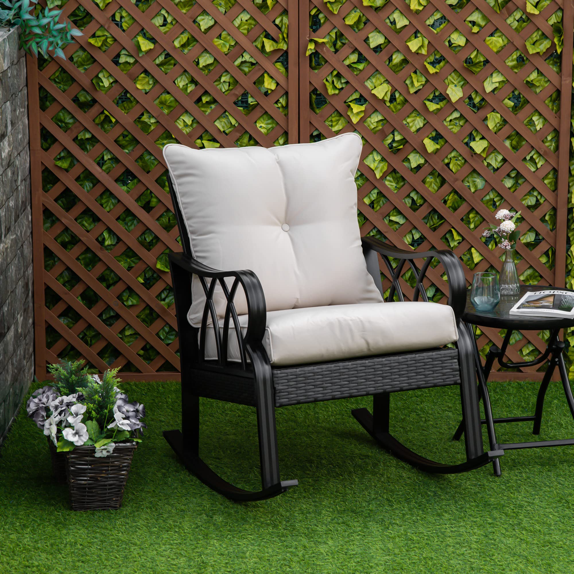 Outsunny Outdoor Wicker Rocking Chair with Padded Cushions - Aluminum Frame Rattan Porch Rocker with Armrests for Patio, Garden & Backyard - Comfortable Khaki Lounge Chair for Relaxing, Reading & Sunbathing