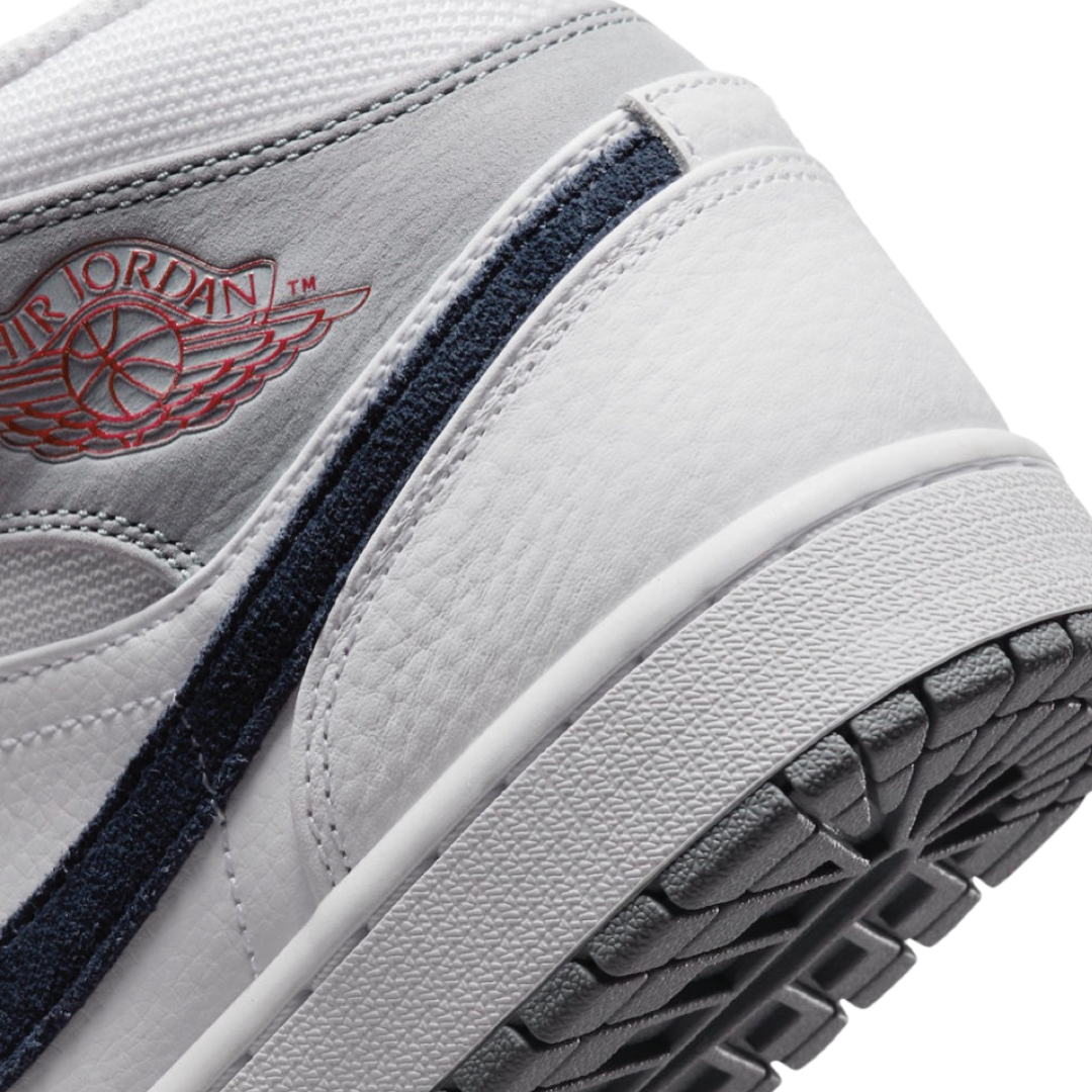 Air Jordan 1 Mid Sneakers - Paris White/University Red/Stealth/Midnight Navy Colorway - Perfect for Basketball, Streetwear & Casual Outfits