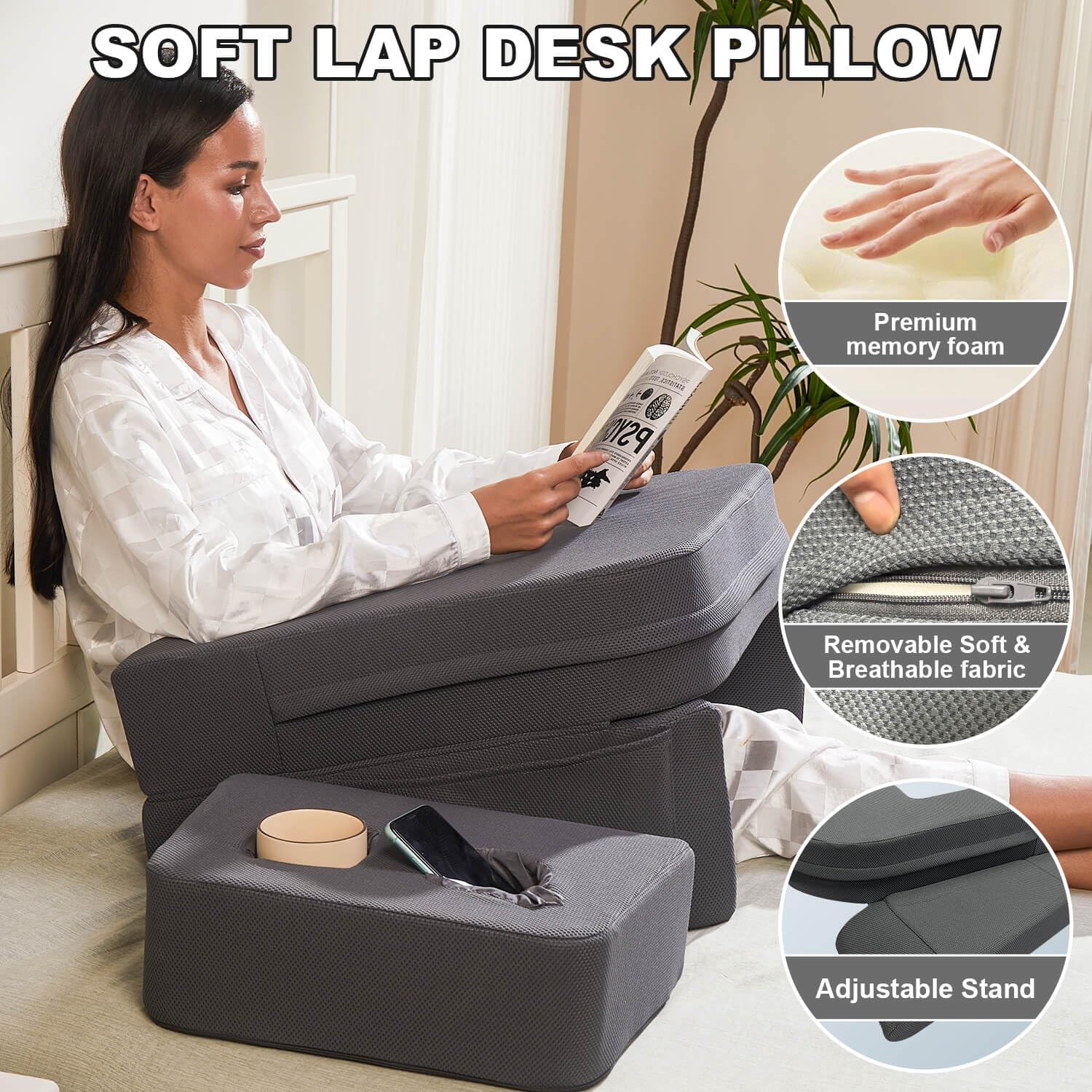 Memory Foam Lap Desk with Cup Holder - Portable Laptop Pillow for Couch, Bed & Gaming - Soft Writing Surface with Phone Stand (Grey) - Perfect for Home Office, Study & Relaxing in Bed