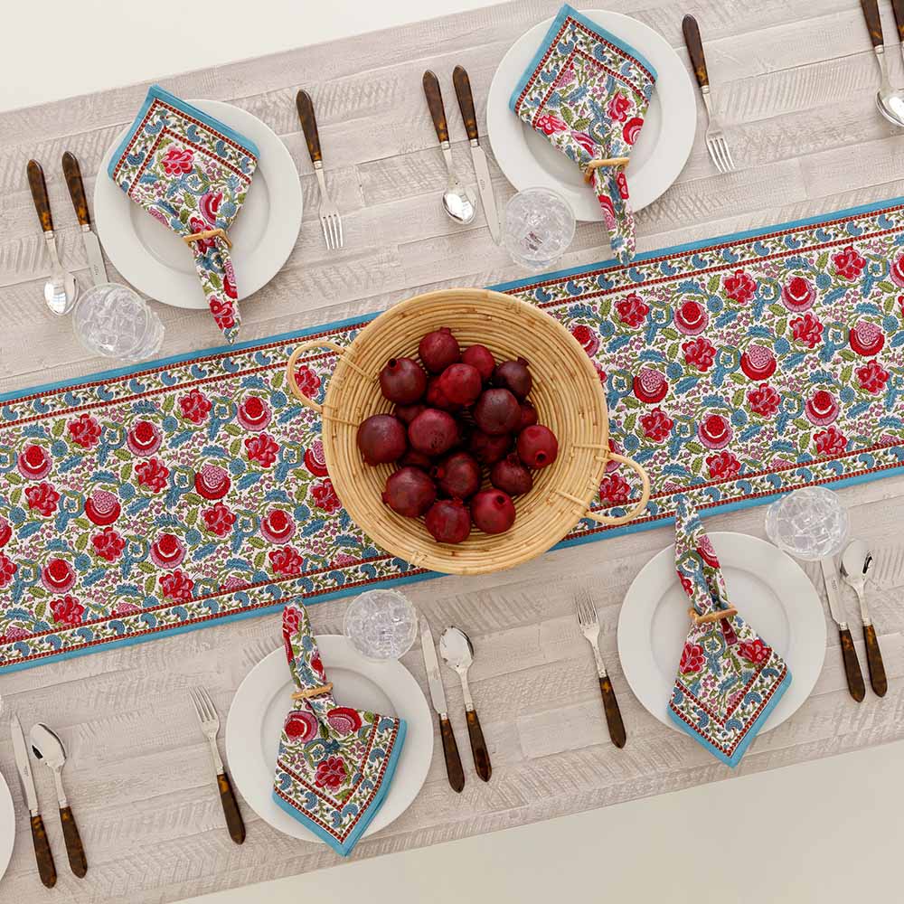 Bohemian Floral Turquoise & Cranberry Table Runner - Elegant Handmade Cotton Table Decor for Dining Room, Wedding, Party & Home Decor