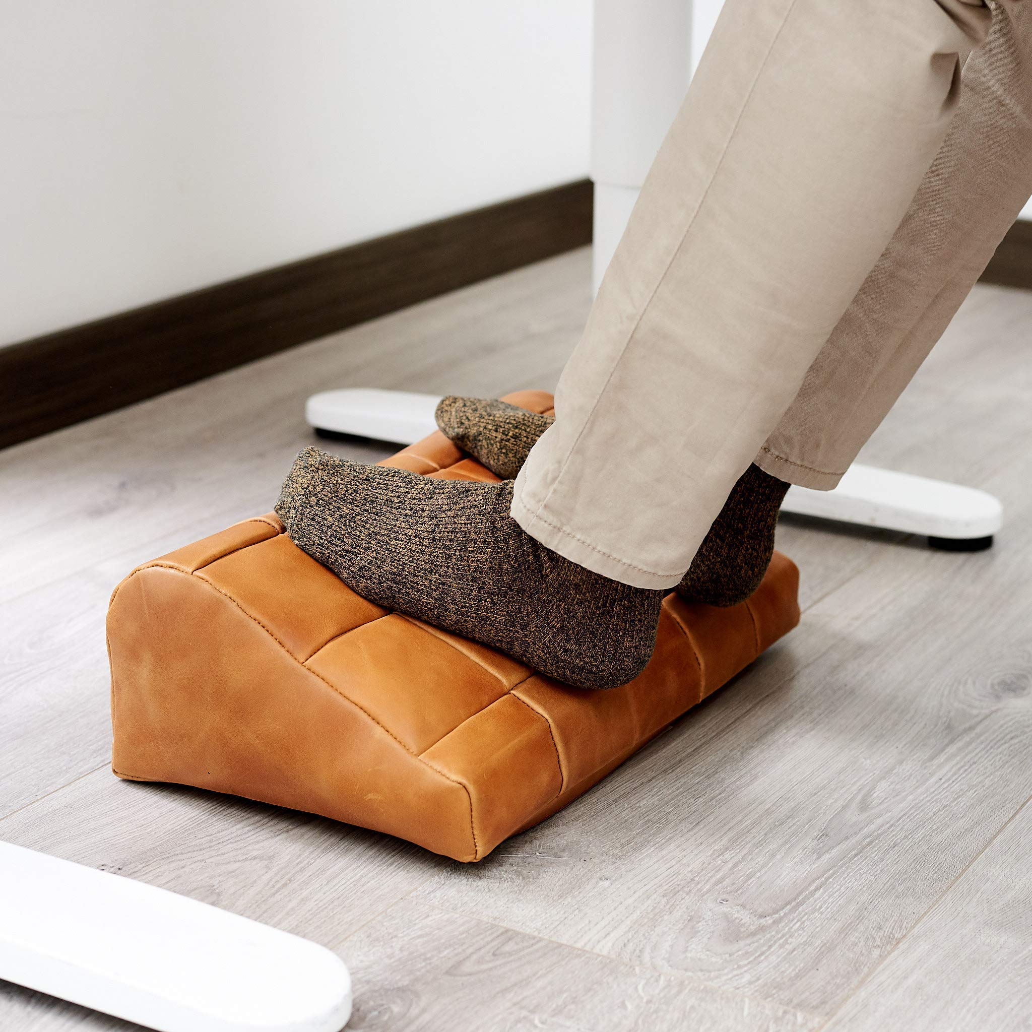 Ergonomic Tan Leather Foot Rest for Under Desk - Medium Size Adjustable Footrest for Office & Home, Handmade Desk Accessory - Perfect for Work from Home (WFH), Gifts for Men & Women, Home Decor & Furniture