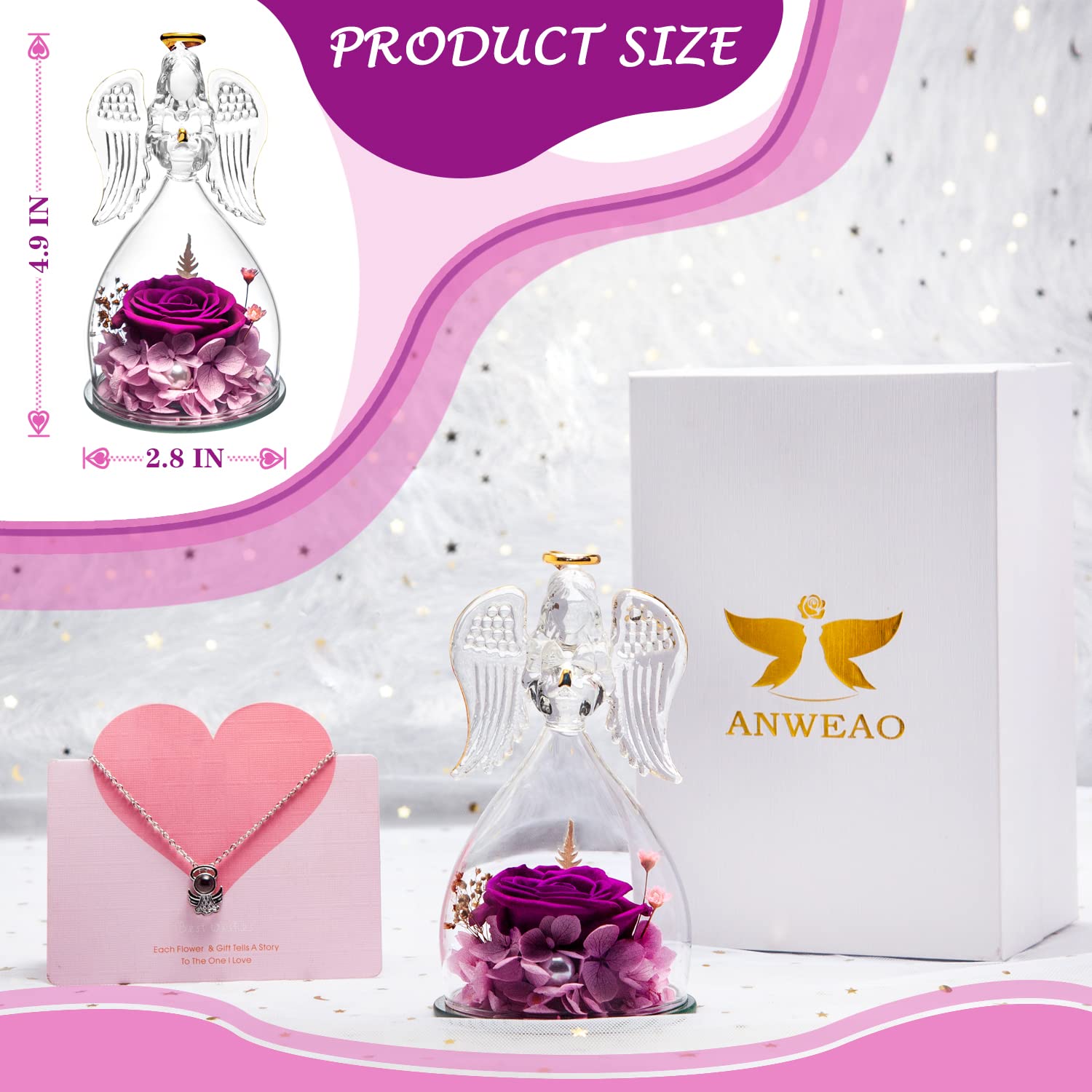 Forever Preserved Real Rose Glass Angel Figurine with 3 Roses - Elegant Gift for Women, Valentine's Day & Mother's Day - Perfect for Home Decor, Romantic Surprises & Special Occasion Gifts