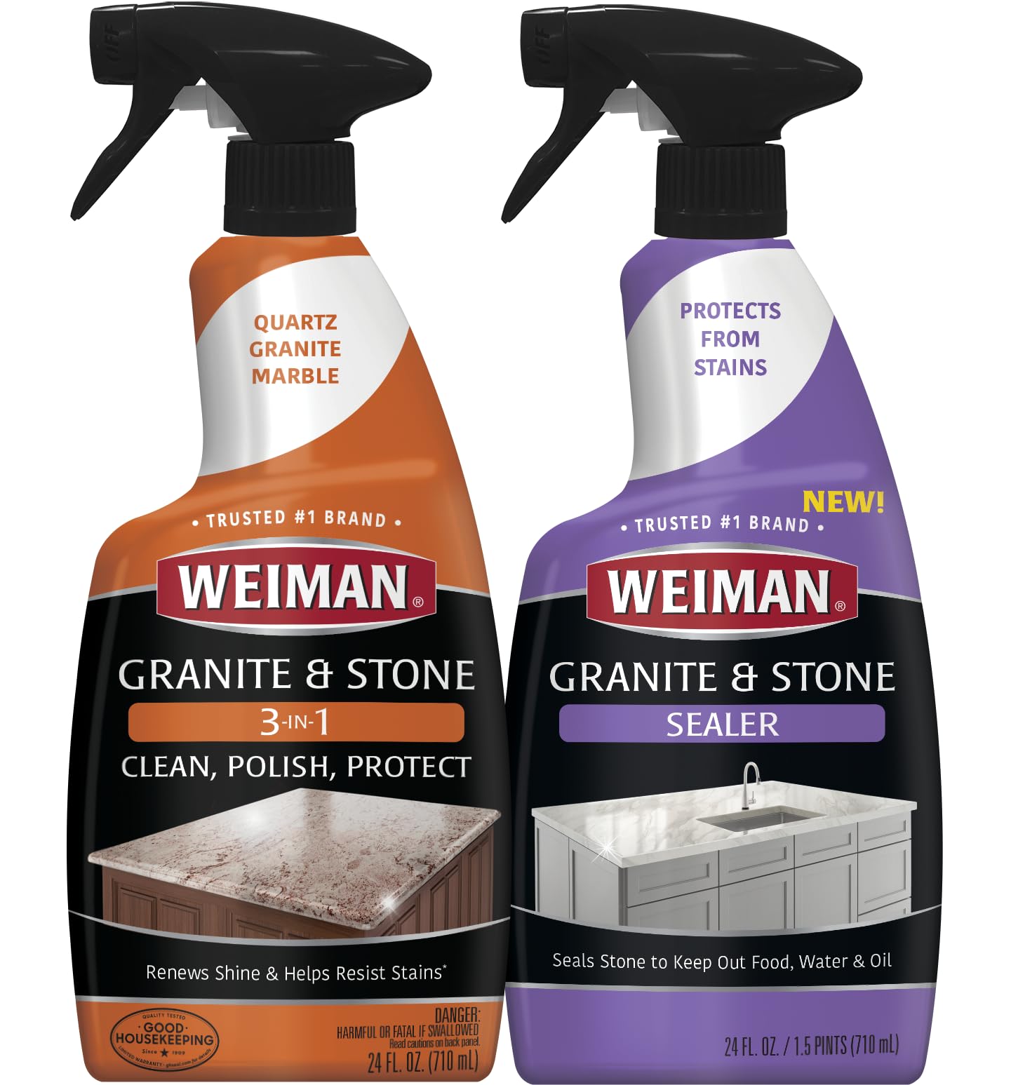 Weiman Complete Countertop Clean & Protect Kit - Granite, Marble, Quartz & Stone Cleaner, Polish & Sealer (24 oz Each) - Safe for Kitchen, Bathroom & Outdoor Surfaces