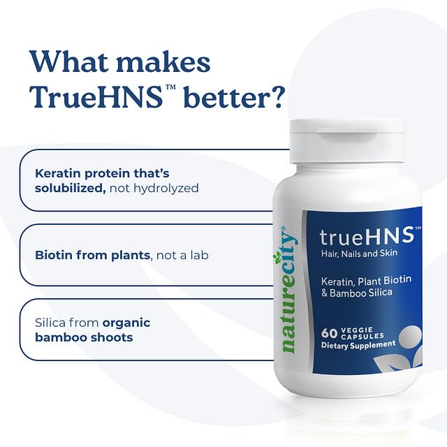 NatureCity True-HNS Hair, Nails & Skin Supplement with Cynatine Keratin & Plant-Based Biotin - 120 Vegan Capsules for Fuller, Stronger Hair & Nails | Non-GMO, Gluten-Free | Perfect for Daily Beauty & Wellness Routine