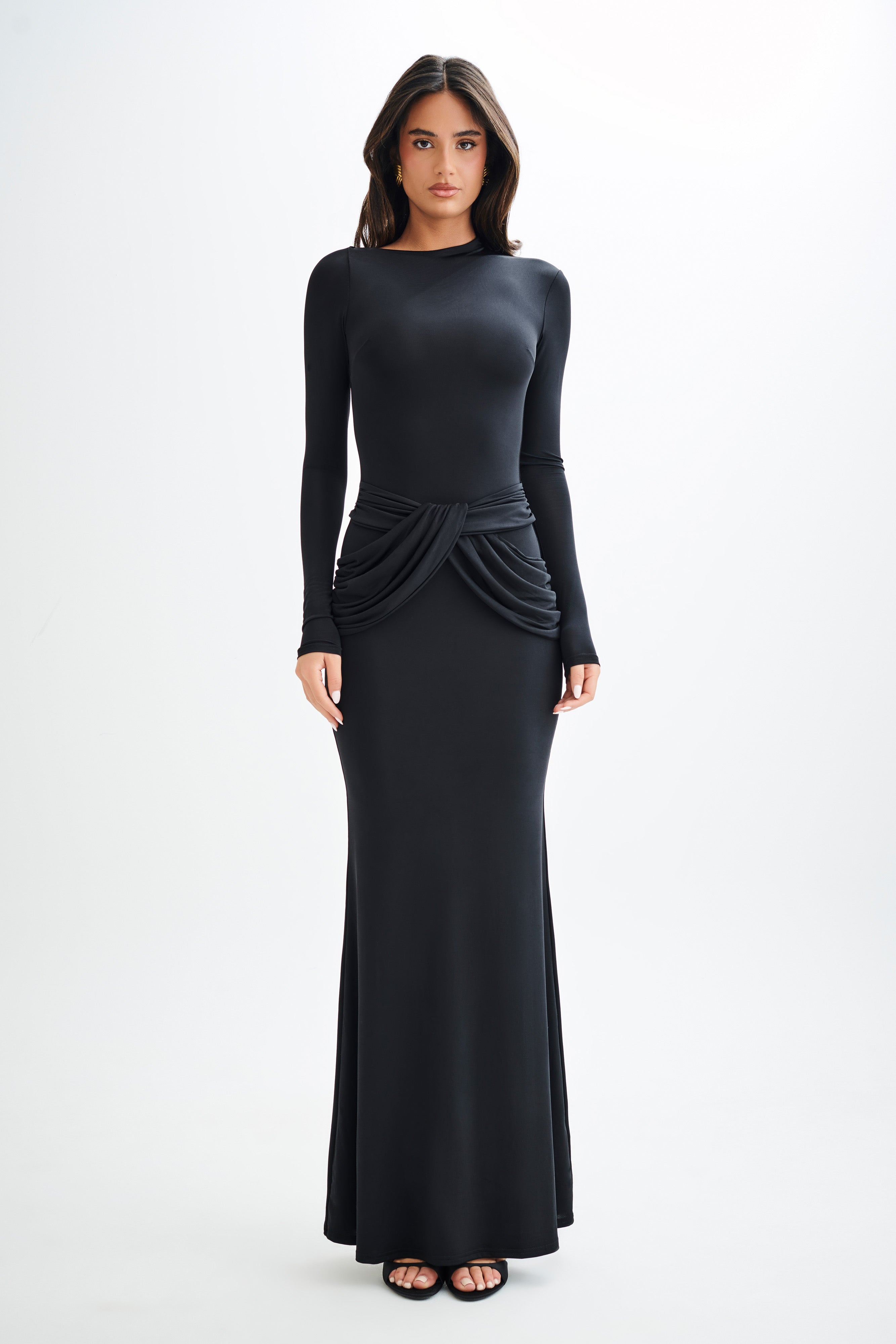 Halcyon Long Sleeve Slinky Maxi Dress for Women - Elegant Black Evening Gown for Parties, Weddings & Special Occasions