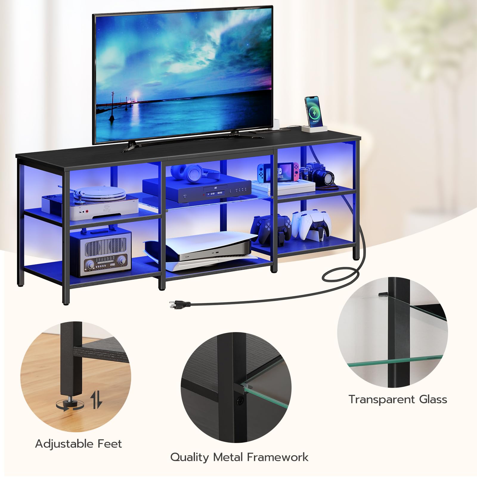 HOOBRO 65 Inch LED TV Stand with Charging Station, 3-Tier Open Storage Gaming Entertainment Center, Long Media Console Table for Living Room & Bedroom - Black BB20UDDS01 | Perfect for Home Theater Setup & Gaming Stations