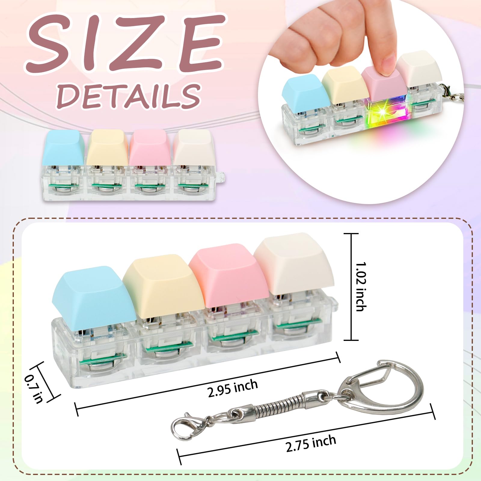 LED Light Keyboard Fidget Toys for Adults - 4 in 1 Sensory Clicker Keychain for Anxiety Relief & Stress Decompression (Macaroon Style) - Perfect for Office, Travel, and Classroom Focus