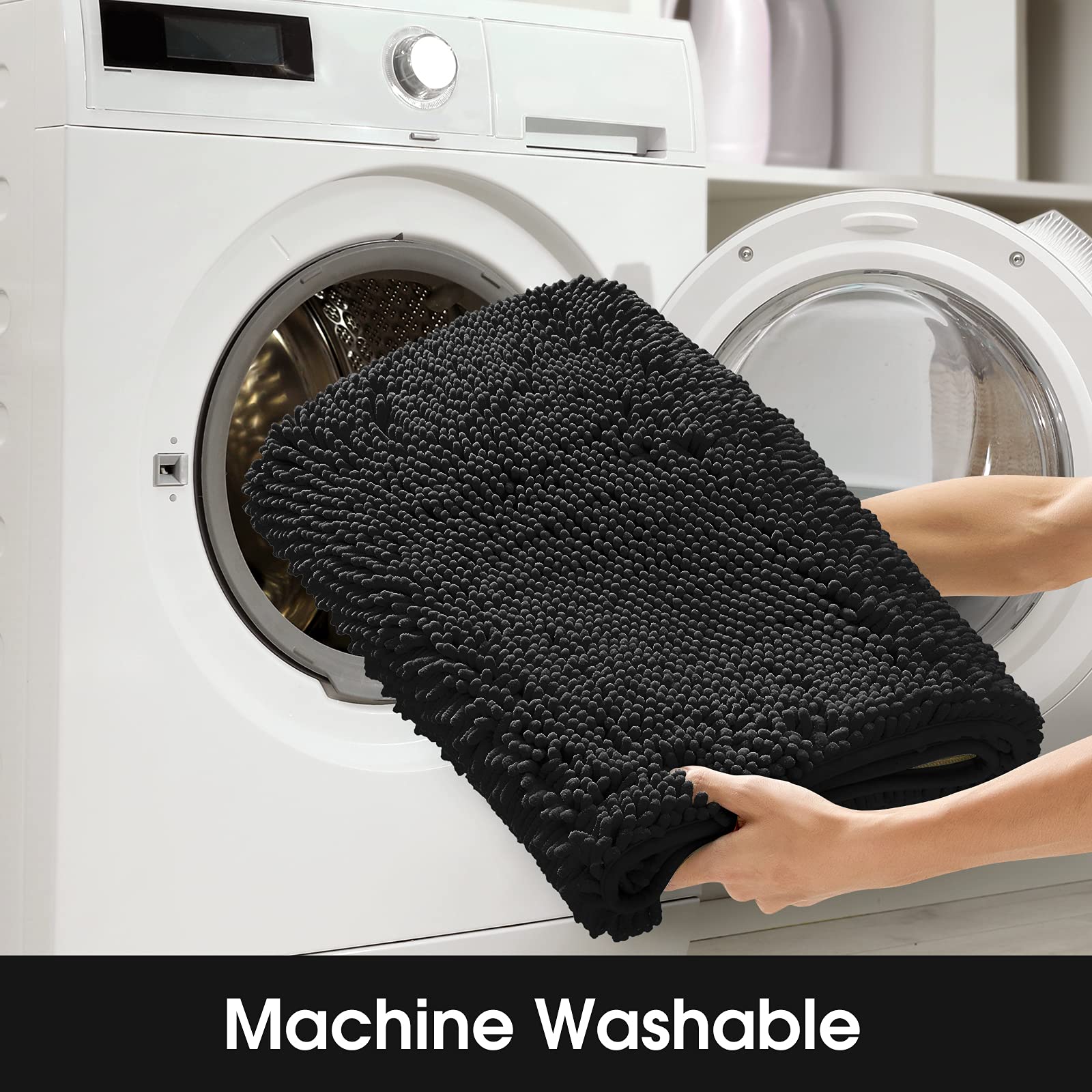 Ultra Soft & Absorbent Non-Slip Bathroom Rug Runner - 20x60 Inch Chenille Plush Shower Carpet for Bath Mats, Machine Washable, Black - Perfect for Bathroom Floor, Shower Entrance & Vanity Area