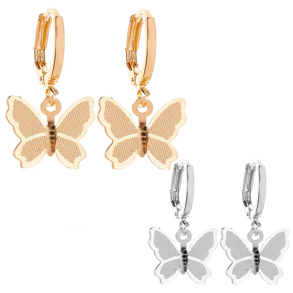 14K Gold Small Butterfly Hoop Earrings for Women - Crystal Dangle Drop Earrings with Silver Rhinestones | Elegant Jewelry for Parties, Weddings & Everyday Wear