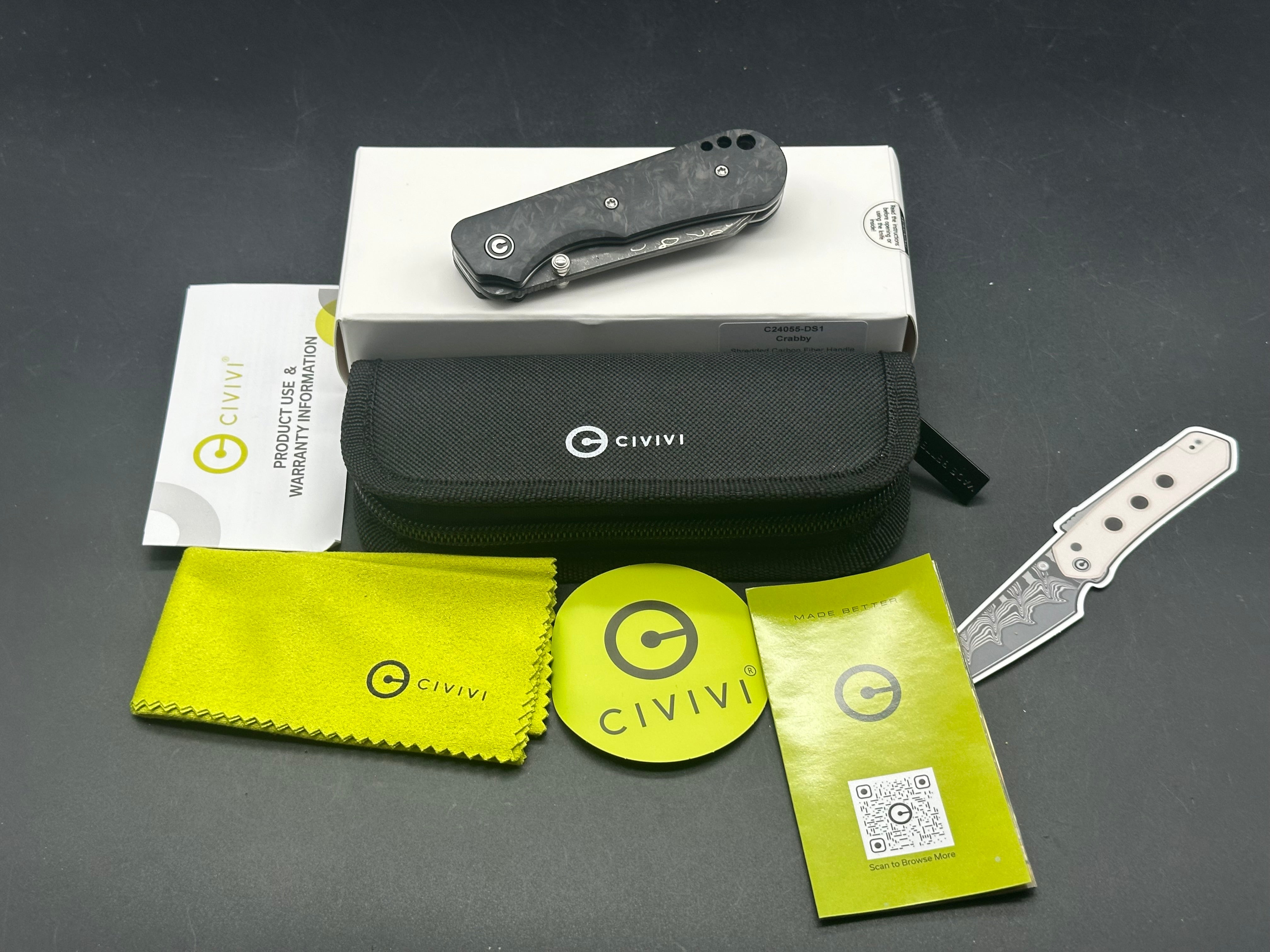 CIVIVI CRABBY Folding Knife - Damascus Steel Blade, Shredded Carbon Fiber Handle - EDC Pocket Knife for Outdoor, Camping & Everyday Carry