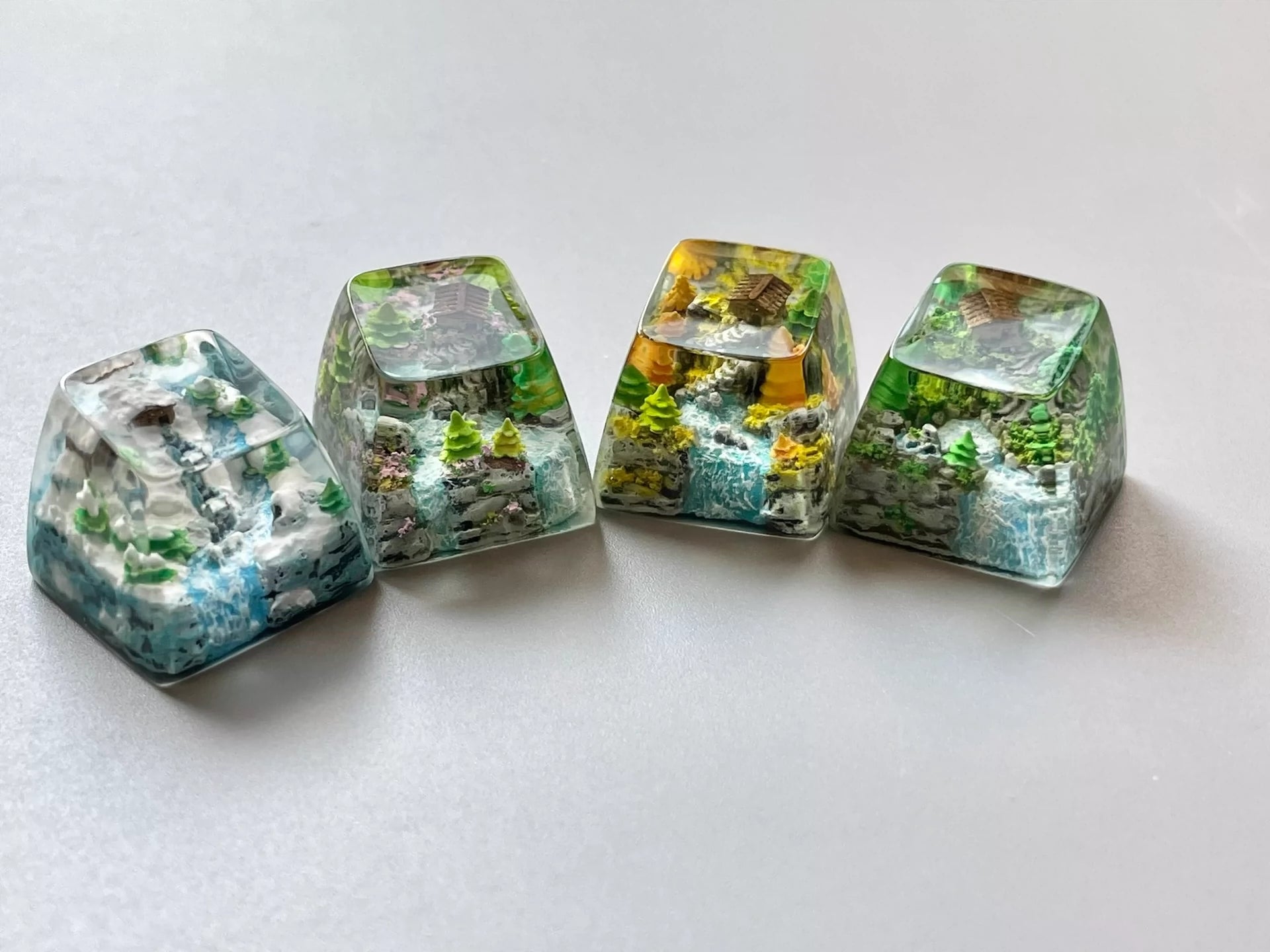 Chinese Landscape Painting Style Resin Keycaps - Seasonal Spring Summer Autumn Winter Themed Custom Keyboard Keycaps for Mechanical Gaming Keyboards | Perfect for Typing, Gaming & Office Work