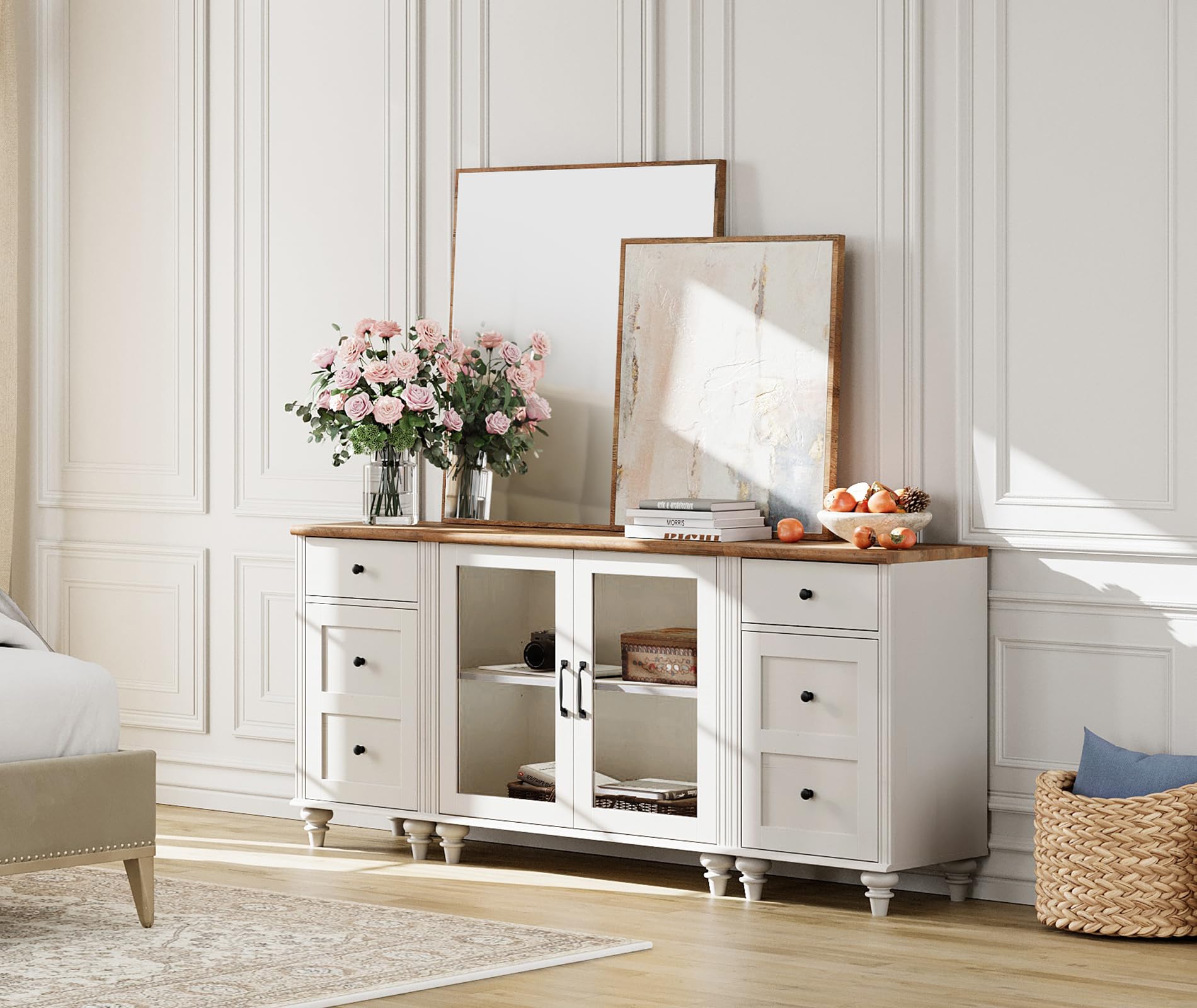 Modern WAMPAT Buffet Cabinet with Glass Doors & Charging Station - Wooden Sideboard Storage Credenza for Kitchen, Dining Room & Living Room - White Coffee Bar Cabinet for Home Decor & Entertainment Spaces
