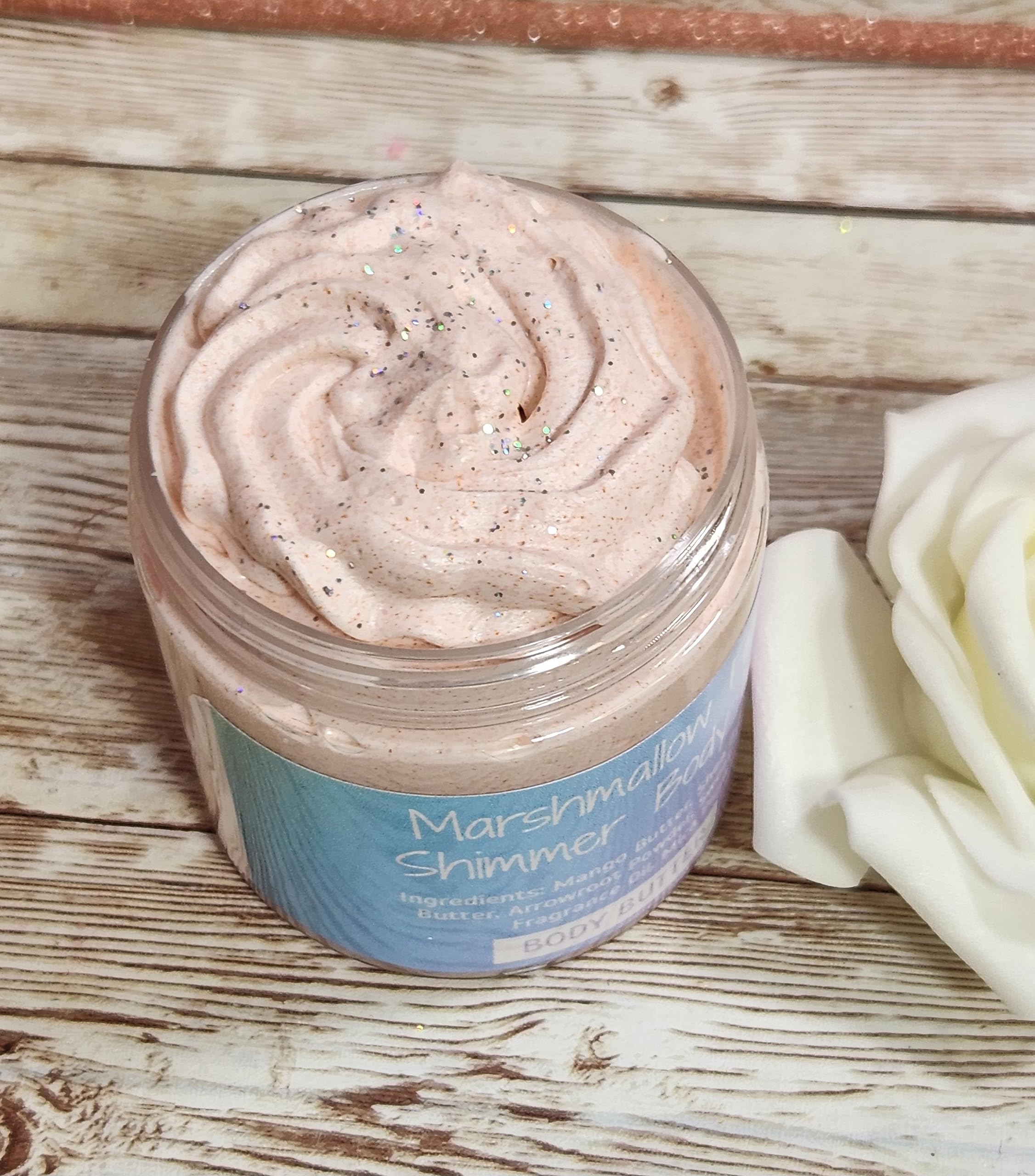 Marshmallow Fireside Shimmer Body Butter - Handmade Shea, Cocoa & Mango Butter Luxury Body Cream | All Natural Moisturizer with Sugar Pearls for Soft, Glowing Skin | Perfect for Winter Skincare & Gift Giving