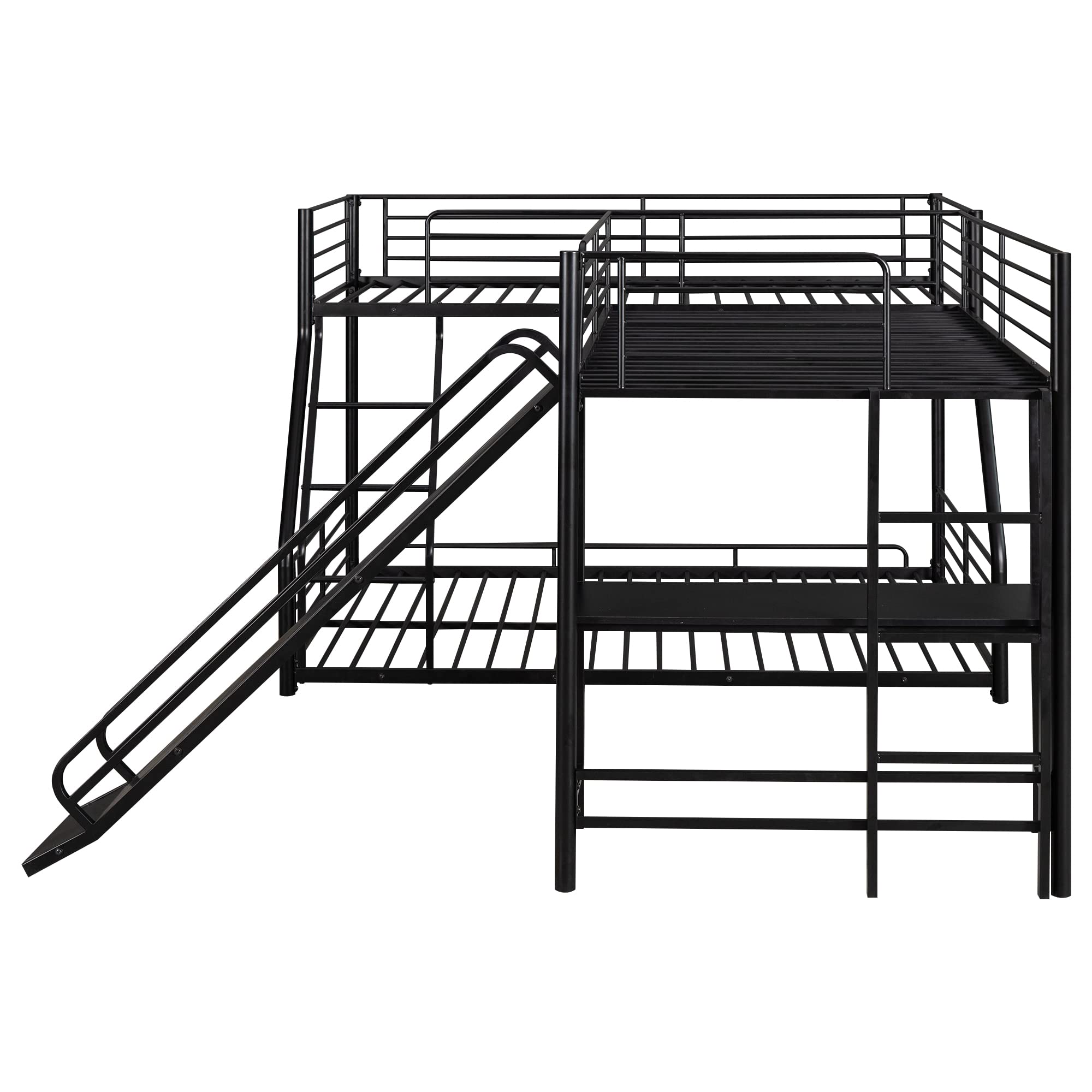 BOVZA L-Shaped Triple Bunk Bed - Twin Over Full Metal Bunk Beds for 3 Kids with Built-in Desk & Slide - Space-Saving Kids Bedroom Furniture for Small Rooms & Shared Spaces - Black
