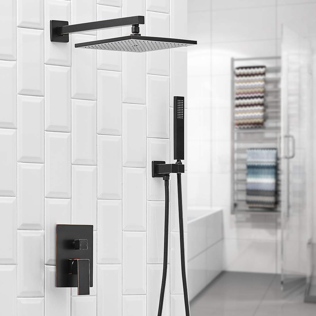 Oil Rubbed Bronze Rainfall Shower System - 10 Inch Wall Mounted Shower Head with Handheld Spray, Mixer Valve & Rough-in Trim - Perfect for Modern Bathroom Renovations & Spa-Like Experience