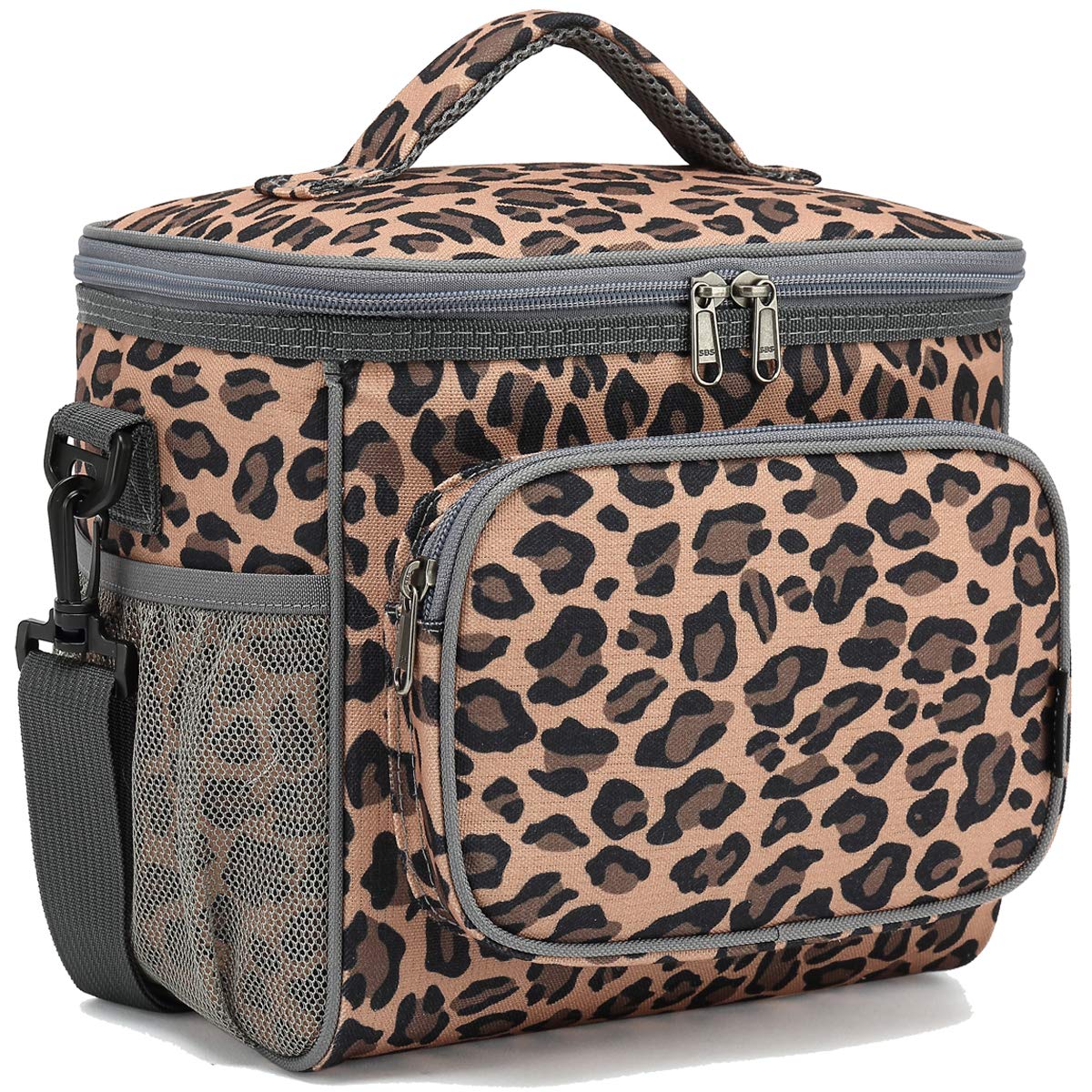 FlowFly Insulated Reusable Lunch Bag for Adults - Large Leopard Print Lunch Box with Adjustable Shoulder Strap, Front Zipper Pocket & Dual Mesh Side Pockets - Perfect for Office, School, Picnics & Travel