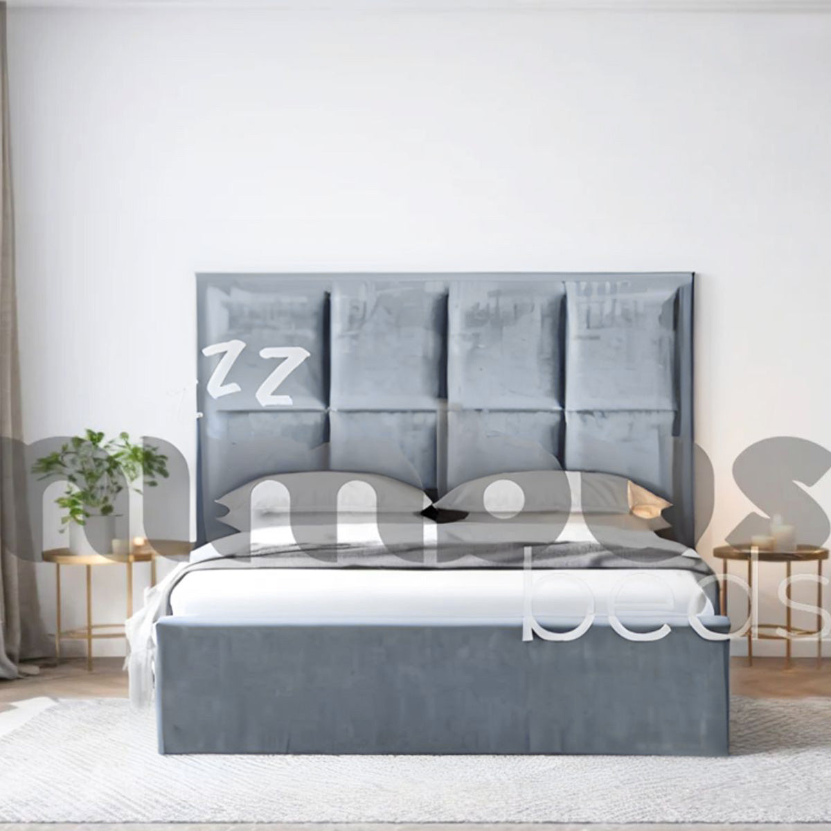 8 Square Panel Bed Frame - Queen Size Wooden Platform Bed with Upholstered Headboard - Perfect for Modern Bedrooms & Guest Rooms