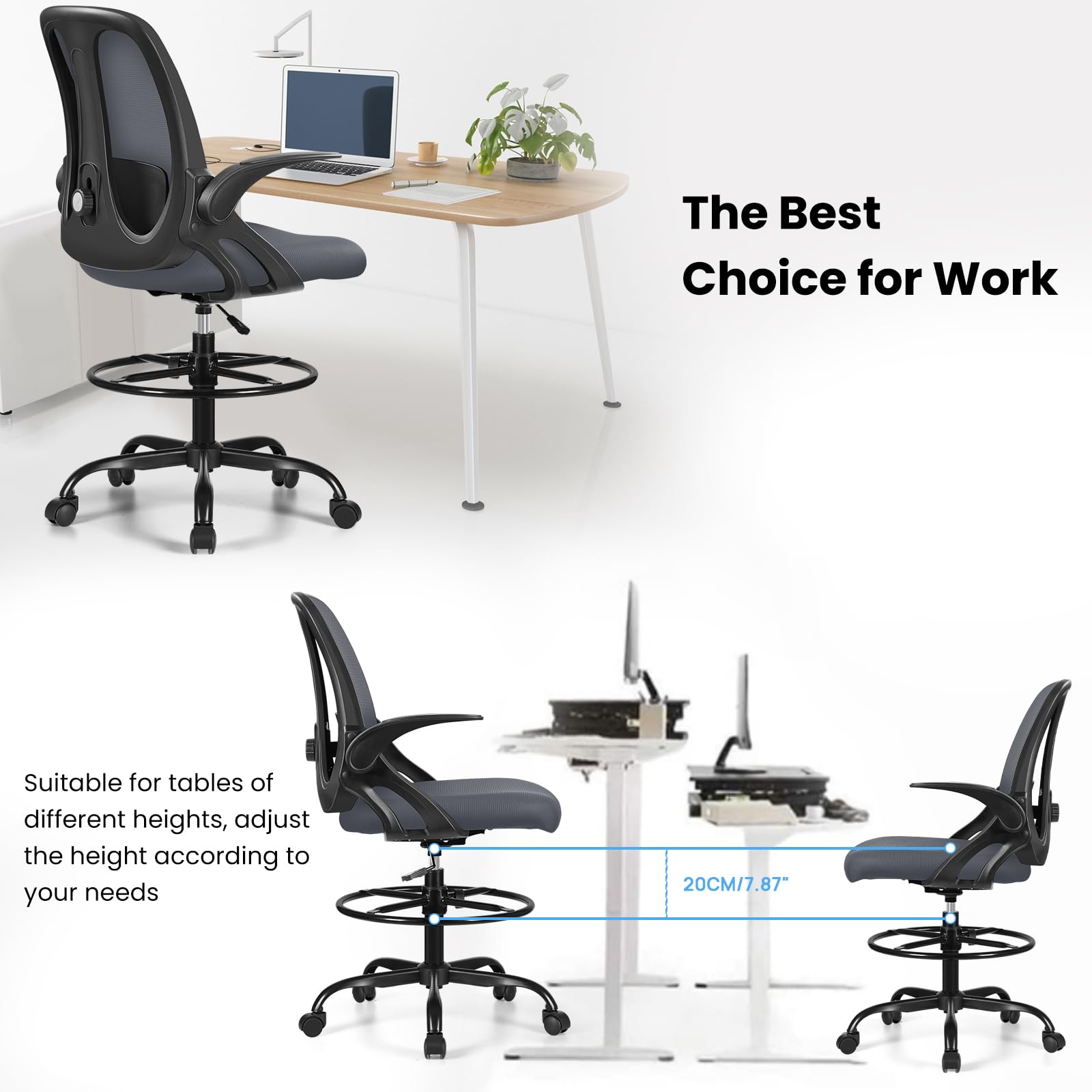 Ergonomic Drafting Chair with Adjustable Lumbar Support & Flip-Up Armrests - High Office Stool with Footrest Ring for Standing Desks - Dark Gray Executive Computer Chair for Architects, Designers & Home Office Use