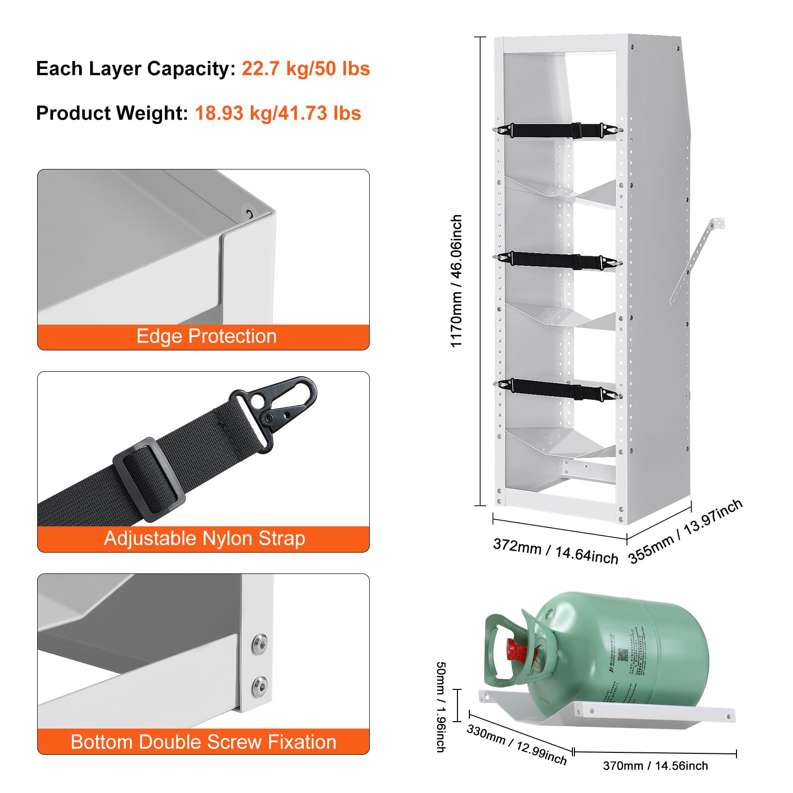 VEVOR 3-Tier Refrigerant Tank Rack - Heavy Duty Cylinder Holder for 30-50lb Bottles (14.64x13.97x46.06 in) - Secure Storage for Freon, Oxygen, Nitrogen & Industrial Gases - Perfect for HVAC, Welding & Laboratory Use