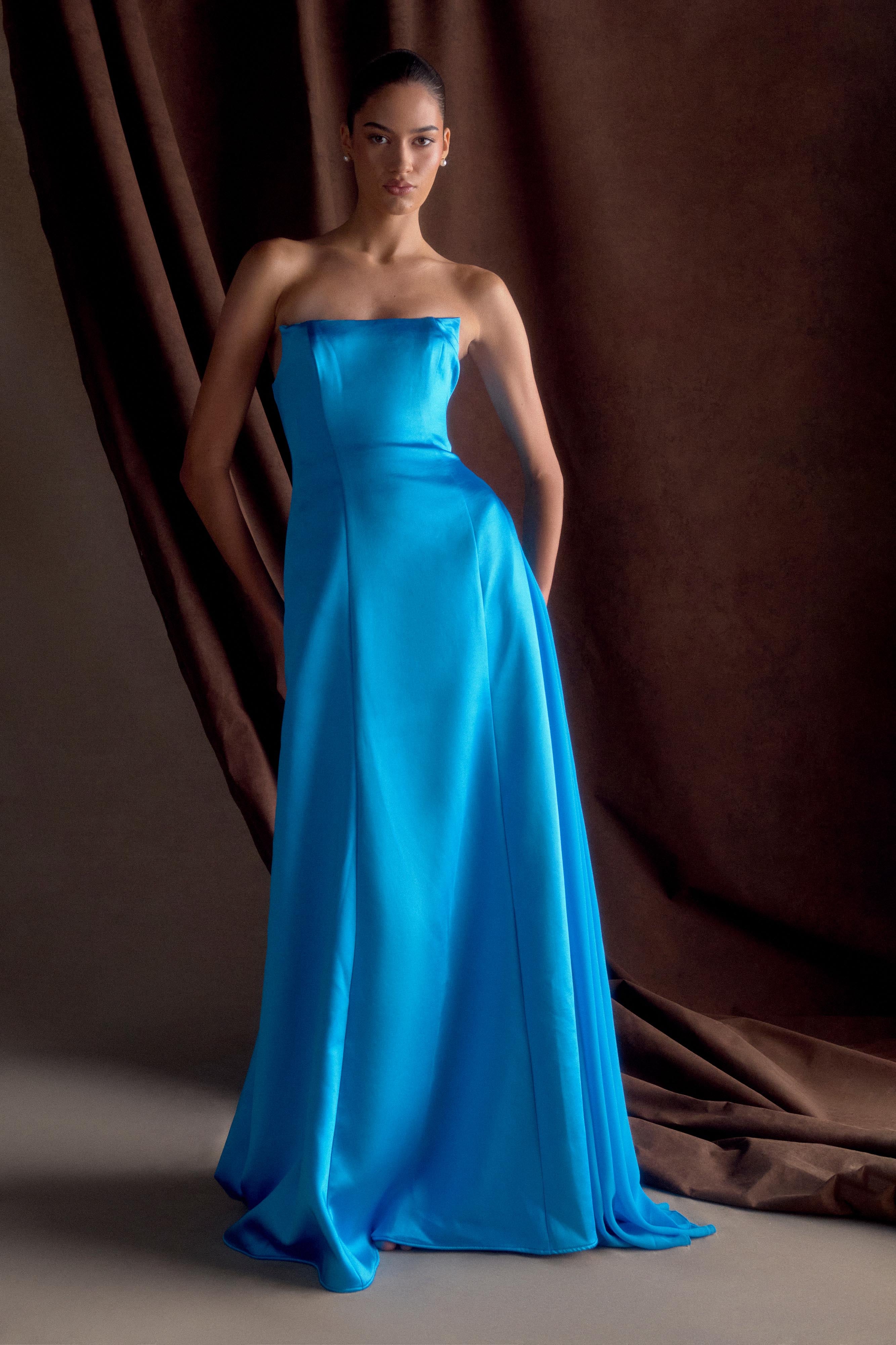 Rosella Satin Strapless Maxi Dress in Cyan Blue - Elegant Formal Gown for Weddings, Prom & Evening Events