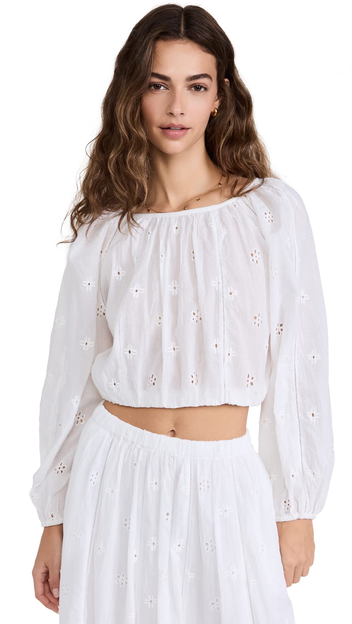Velvet by Graham & Spencer Women's Yara Cotton Eyelet Cropped Long Sleeve Blouse - Breathable Summer Top for Casual Outings & Date Nights