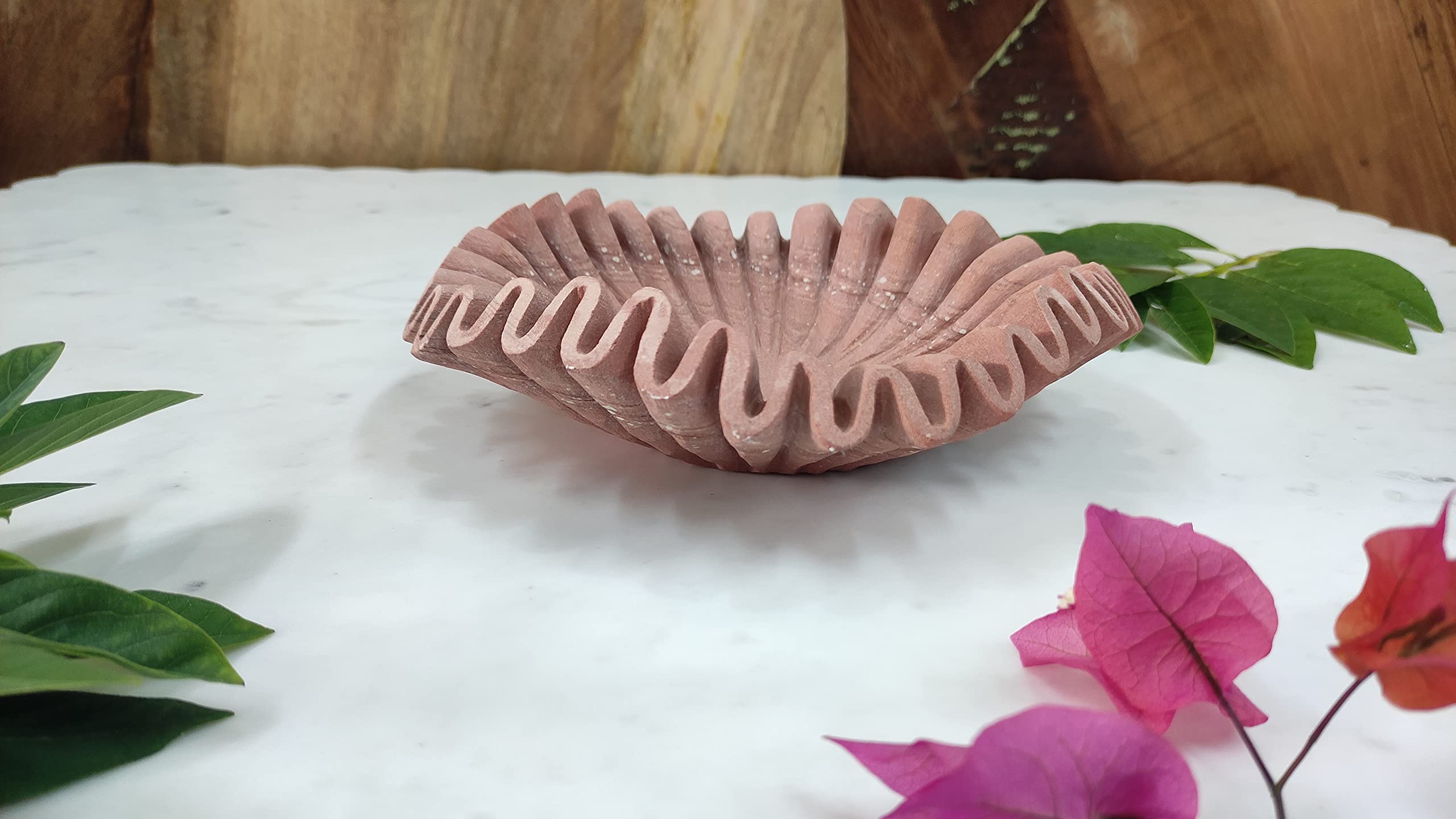 Sandstone Fruit Bowl - 6 Inch Stone Decorative Bowl with Ruffle & Floral Design for Home Decor, Kitchen, Dining Table Centerpiece - Perfect Gift for Housewarming & Special Occasions