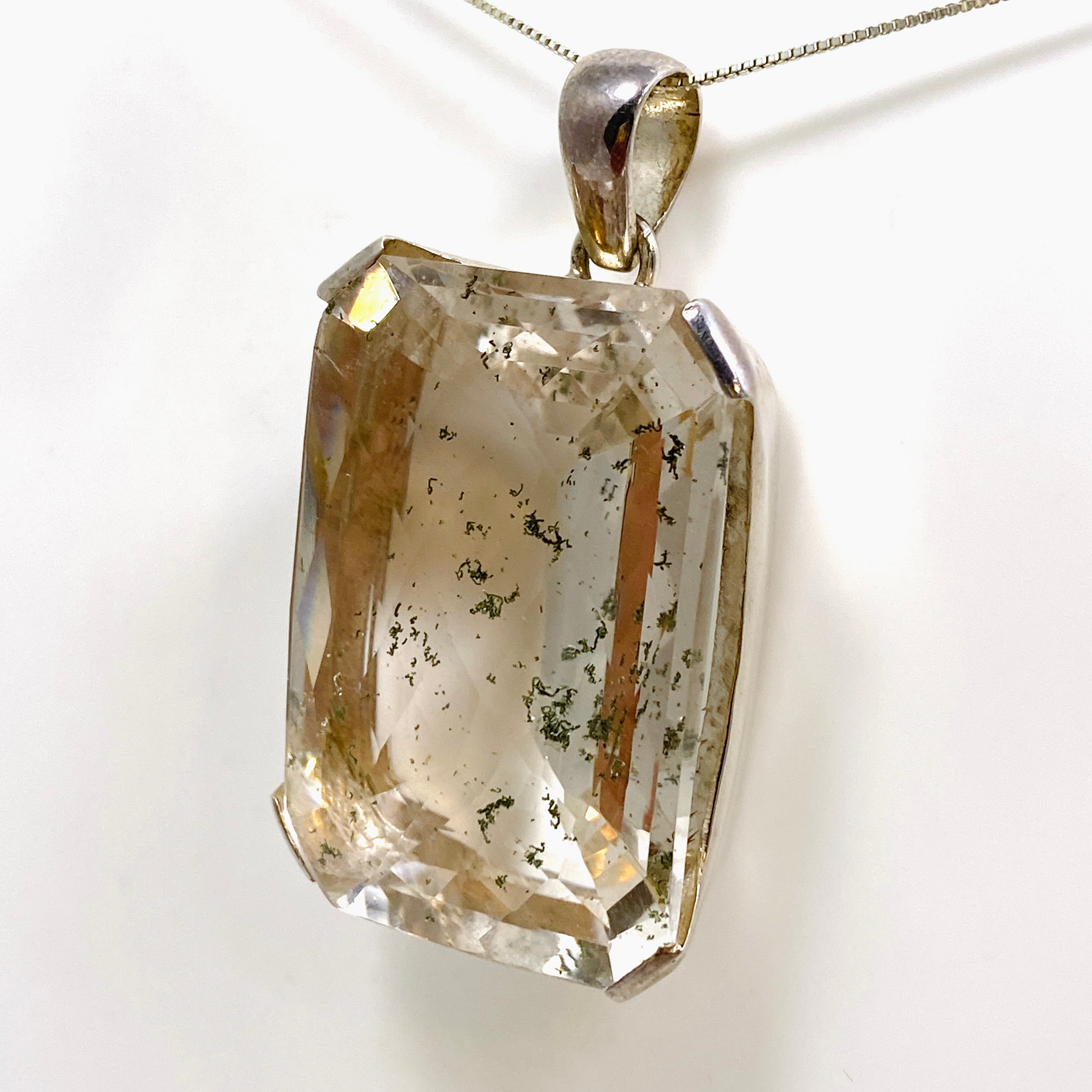 Natural Chlorite Inclusion Quartz Rectangular Checkerboard Faceted Pendant Necklace PPGJ898 - Elegant Crystal Jewelry for Women, Perfect for Gifts & Special Occasions