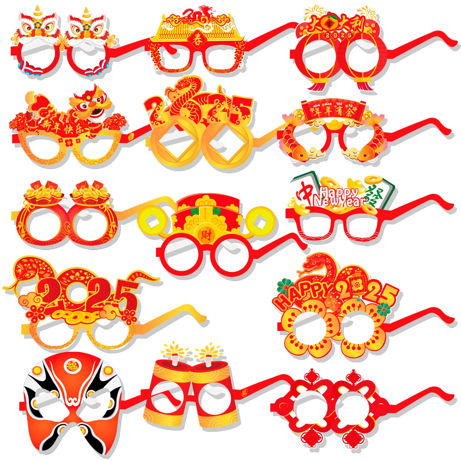28Pcs Chinese New Year Funny Paper Glasses & Mask Set - 2025 Year of The Snake Photo Booth Props, Spring Festival Selfie Eyewear for Parties & Celebrations - Perfect for Lunar New Year Decorations, Family Reunions & Social Media Photos