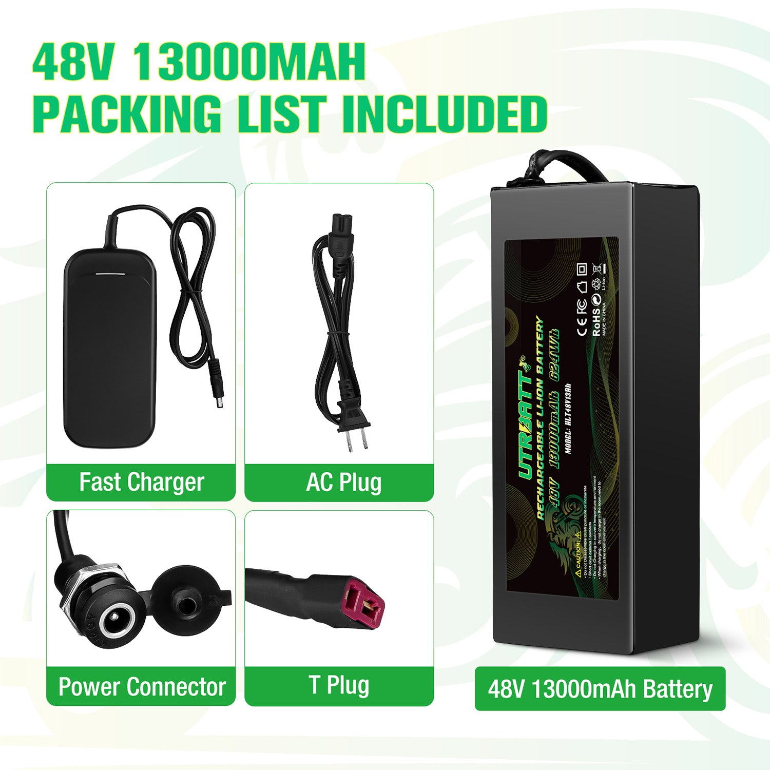 48V 13Ah Lithium Ion Battery with Charger - Compatible with E-Bikes & Electric Scooters - Long Lasting Power for Commuting & Outdoor Adventures