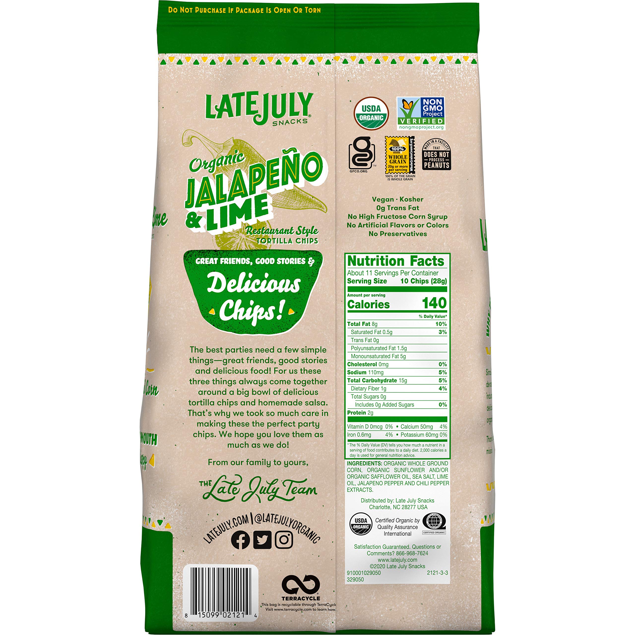 Late July Snacks Restaurant Style Jalapeno & Lime Tortilla Chips - 11 Oz. Bag (Pack of 9) | Gluten-Free, Non-GMO, Organic Corn Chips | Perfect for Parties, Snacking & Mexican Food Pairing