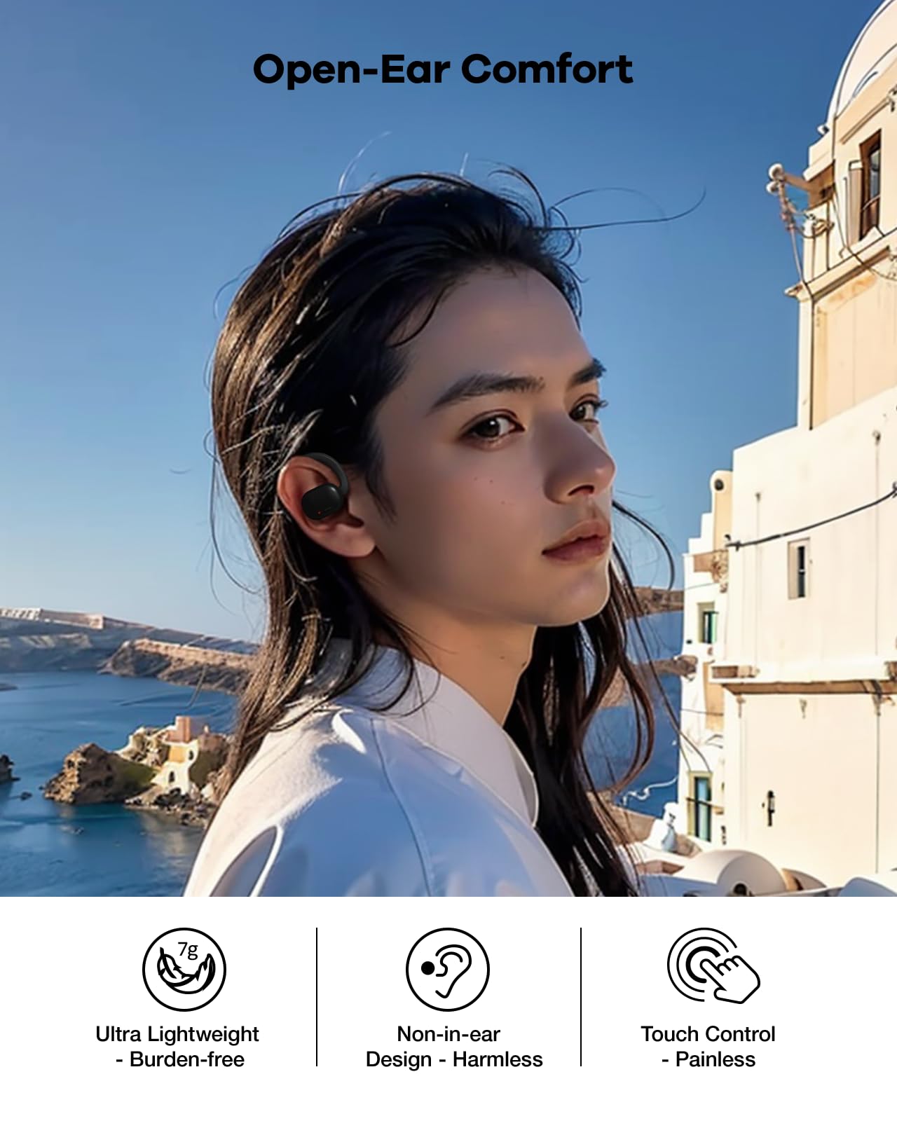 Open Ear Headphones Wireless Bluetooth 5.3 Earbuds with Earhooks - 40Hrs Playtime, IPX6 Sweatproof, Touch Control for Running, Cycling, Workout & Gym - Comfortable Sport Headsets (Black) | Perfect for Outdoor Activities, Fitness Training & Daily Commute