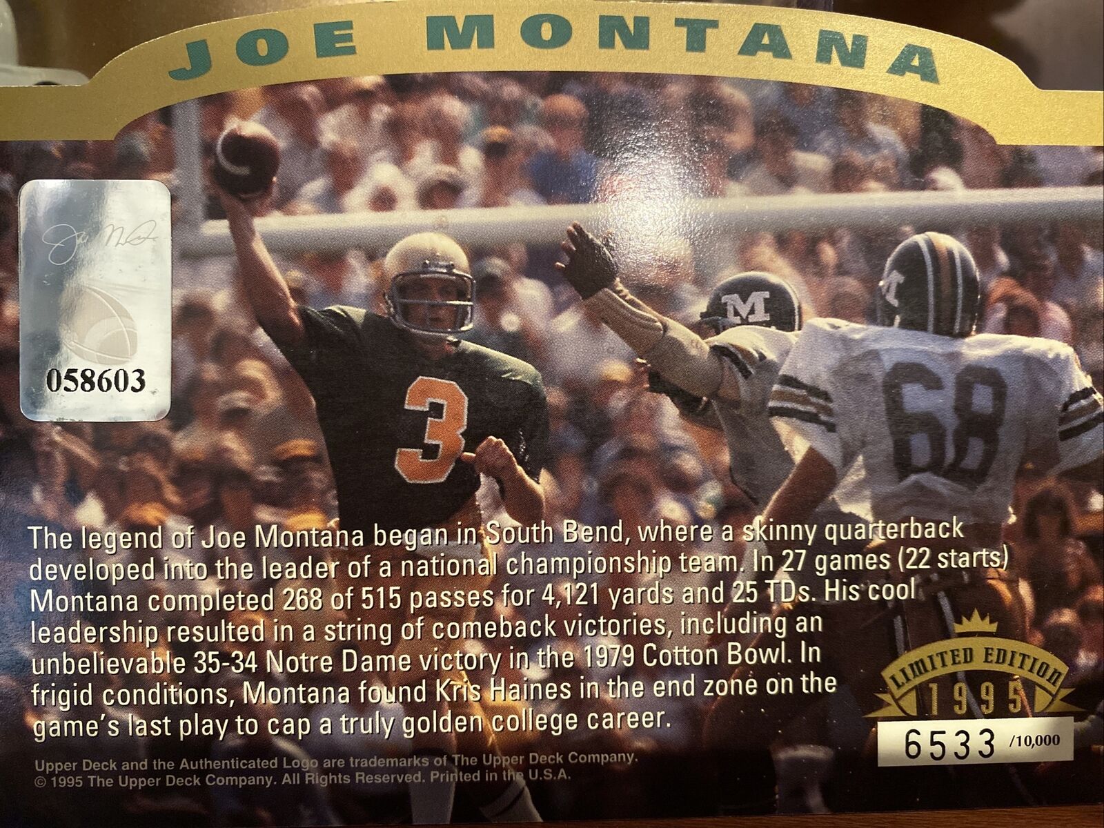 Joe Montana Autographed Notre Dame 1995 Upper Deck Football Card - Oversized Collectible Memorabilia for Sports Fans & Card Collectors - Perfect for Display, Framing, and Investment
