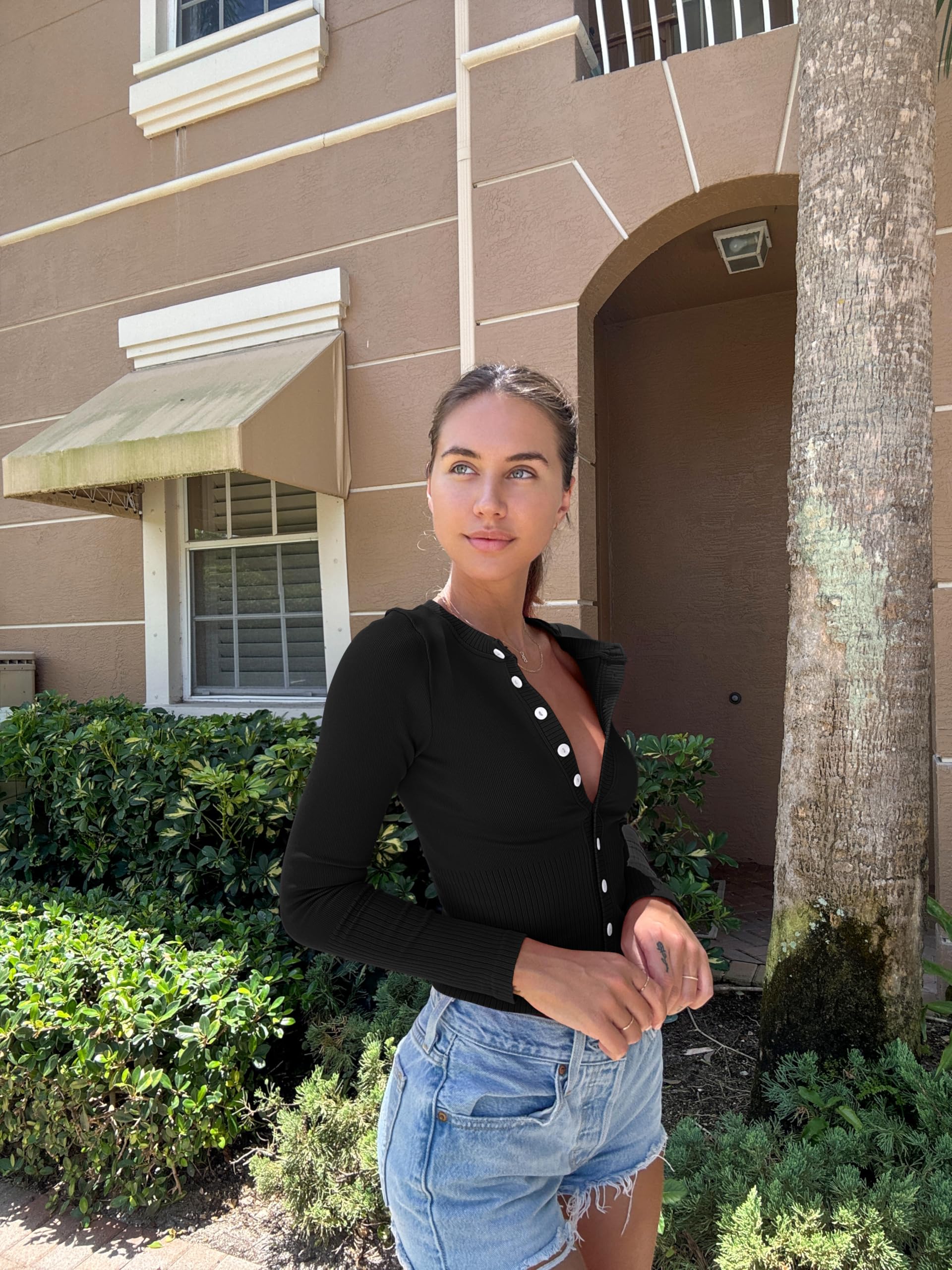 OQQ Women's Long Sleeve Knit Shirts - Stretch Crew Neck Button Down Casual Tops - Perfect for Work, Office & Everyday Wear