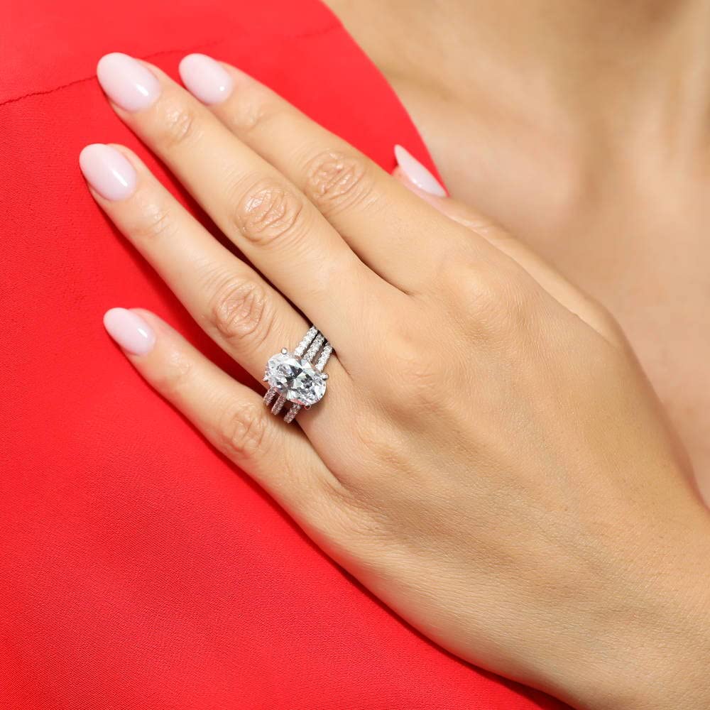 Sterling Silver Solitaire Wedding & Engagement Ring Set for Women - 5.5 Carat Oval Cut Cubic Zirconia CZ, Rhodium Plated, Size 4-10 - Perfect for Proposals, Anniversaries & Special Occasions