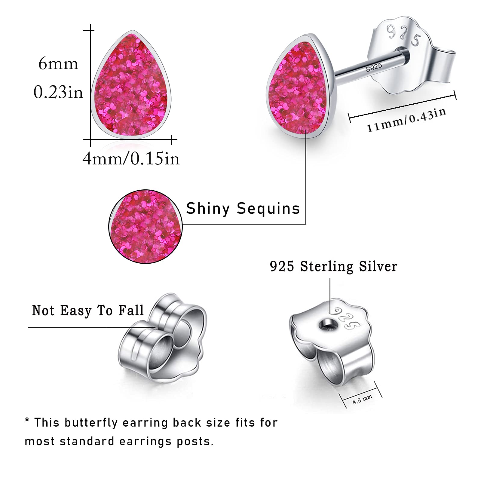 925 Sterling Silver Teardrop Earrings for Women - Hypoallergenic Waterdrop Stud Earrings with Sequins, Dainty Drop Jewelry Gift for Teens | Perfect for Parties, Weddings & Everyday Wear
