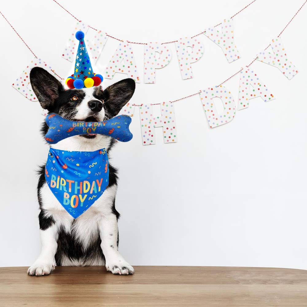 Dog Birthday Bandana & Toy Set - Blue Pet Party Supplies for Large Dogs | Cute Bone Design Bandana, Scarf & Bib Accessories | Perfect for Birthday Celebrations, Photo Shoots & Special Occasions