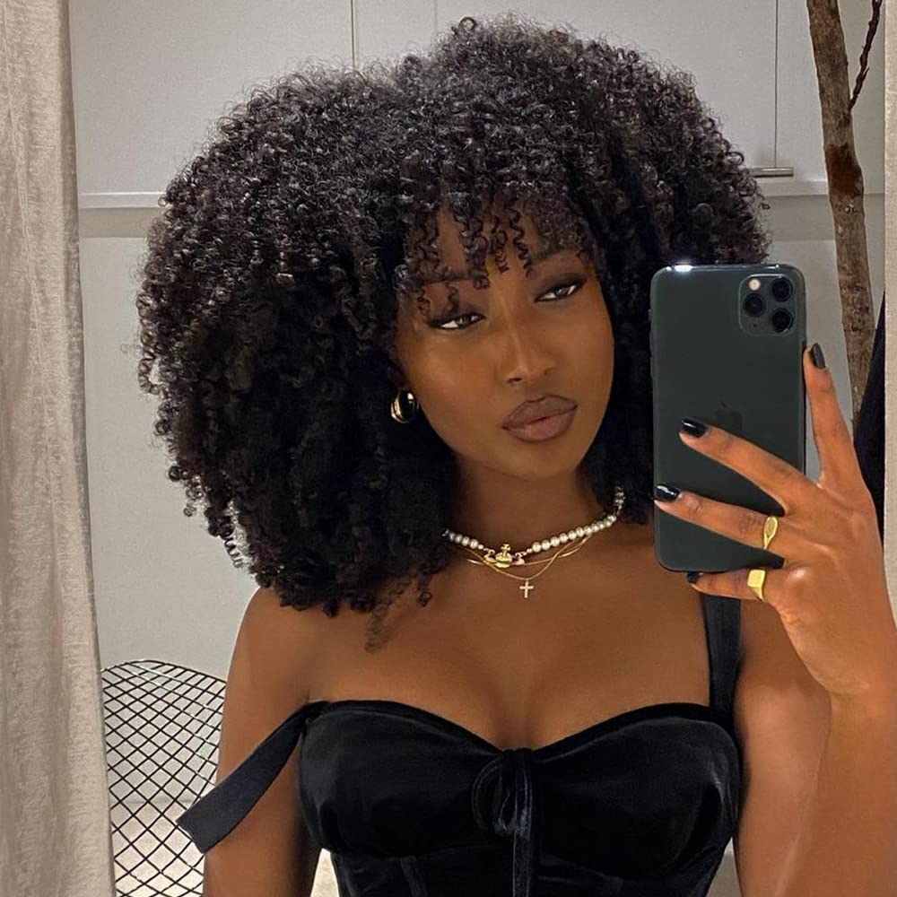 Afro Kinky Curly Human Hair Wigs with Bangs - 200% Density Brazilian Virgin Hair Machine Made Lace Front Wig (24 Inch) - Perfect for Cosplay, Daily Wear & Protective Styling