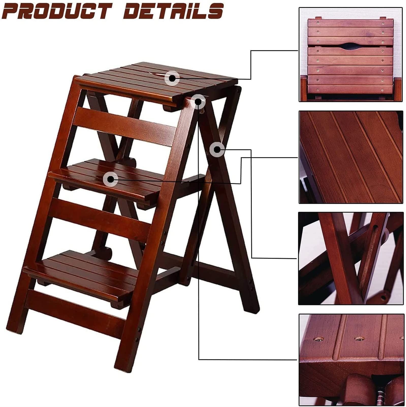 2-Step Wooden Folding Ladder - Multifunctional Step Stool for Home, Kitchen, Library & Household Work - Indoor Climbing Stair Chair (Brown) - Perfect for Reaching High Shelves, Organizing Pantries & Home DIY Projects