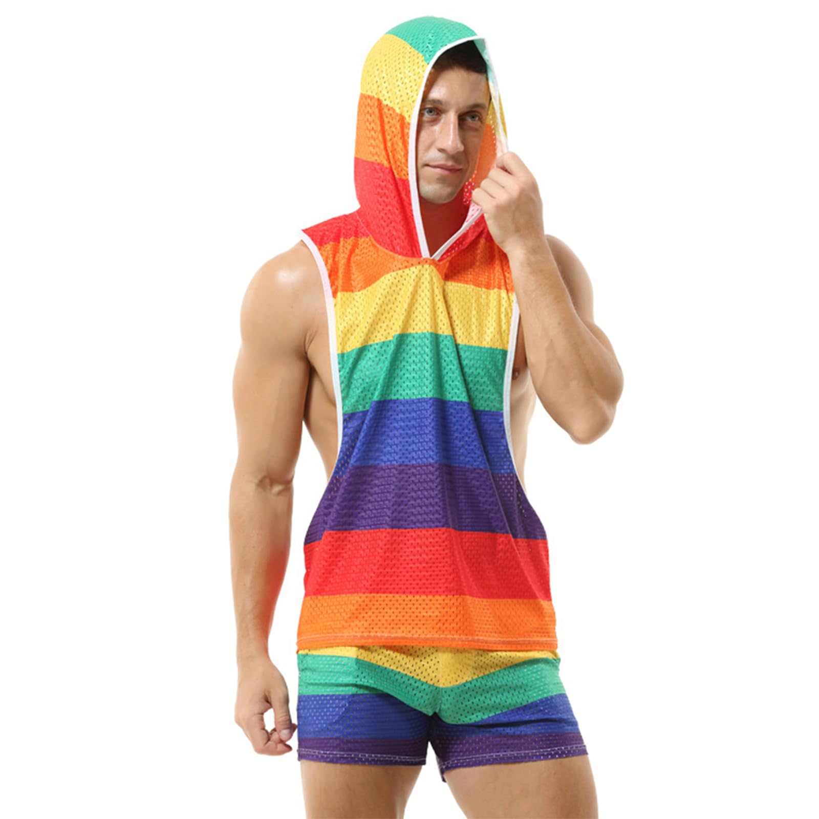 **Men's Rainbow Mesh Sleeveless Hoodie - Sexy Y-Back Muscle Tank Top for Pride, Workout & Gym | Lightweight Breathable Summer Shirt for Running & Outdoor Activities**