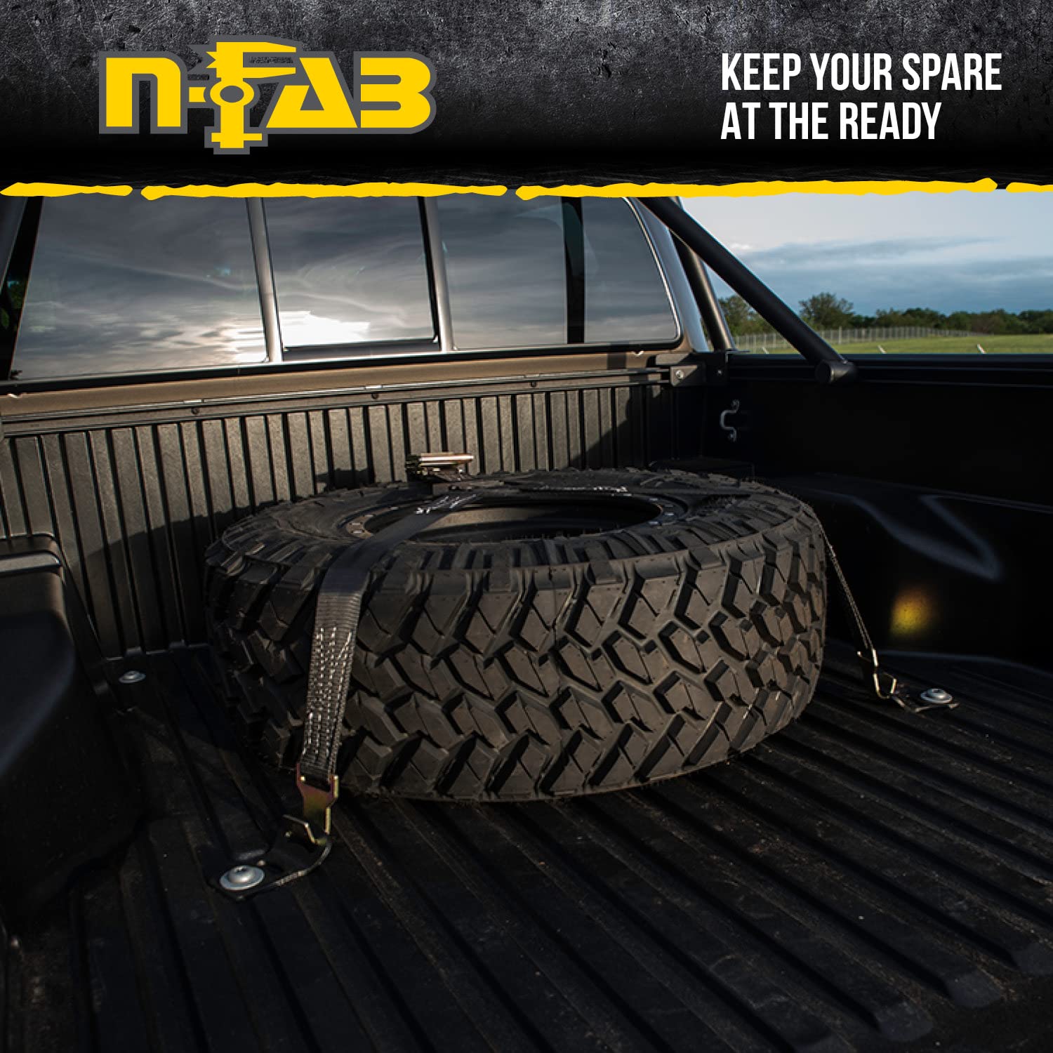 RealTruck Rapid Strap Universal Truck Bed Tire Carrier - Heavy Duty Gloss Black Powder Coated Steel with Black Strap | Secure ATV, UTV, Spare Tires & Off-Road Gear | Perfect for Pickup Trucks, Camping & Outdoor Adventures