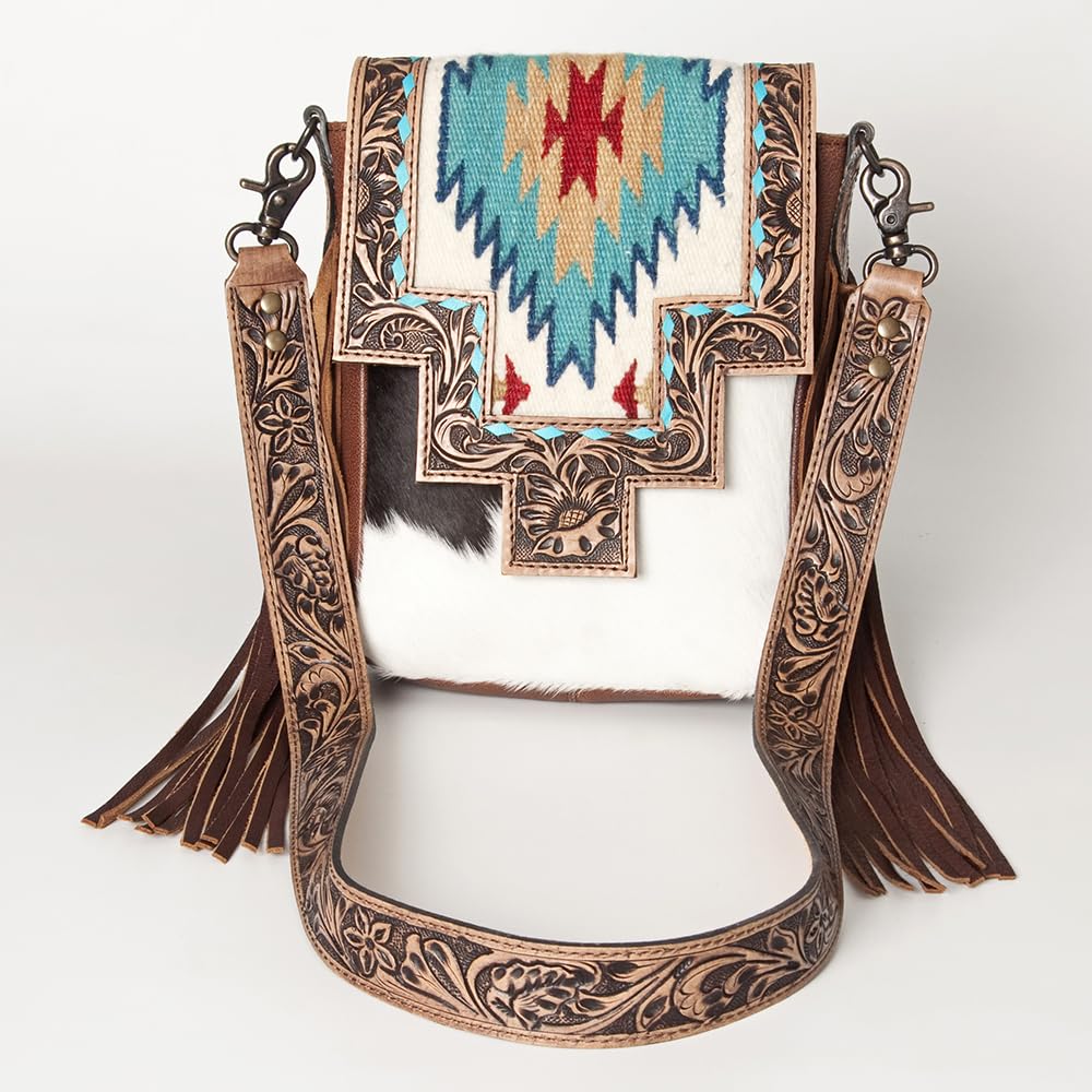 Genuine Leather Western Crossbody Bag for Women – Hand Tooled Saddle Blanket Design with Hair-On Hide | Stylish Cowgirl Purse | Perfect for Rodeo, Country Music Festivals & Western Fashion