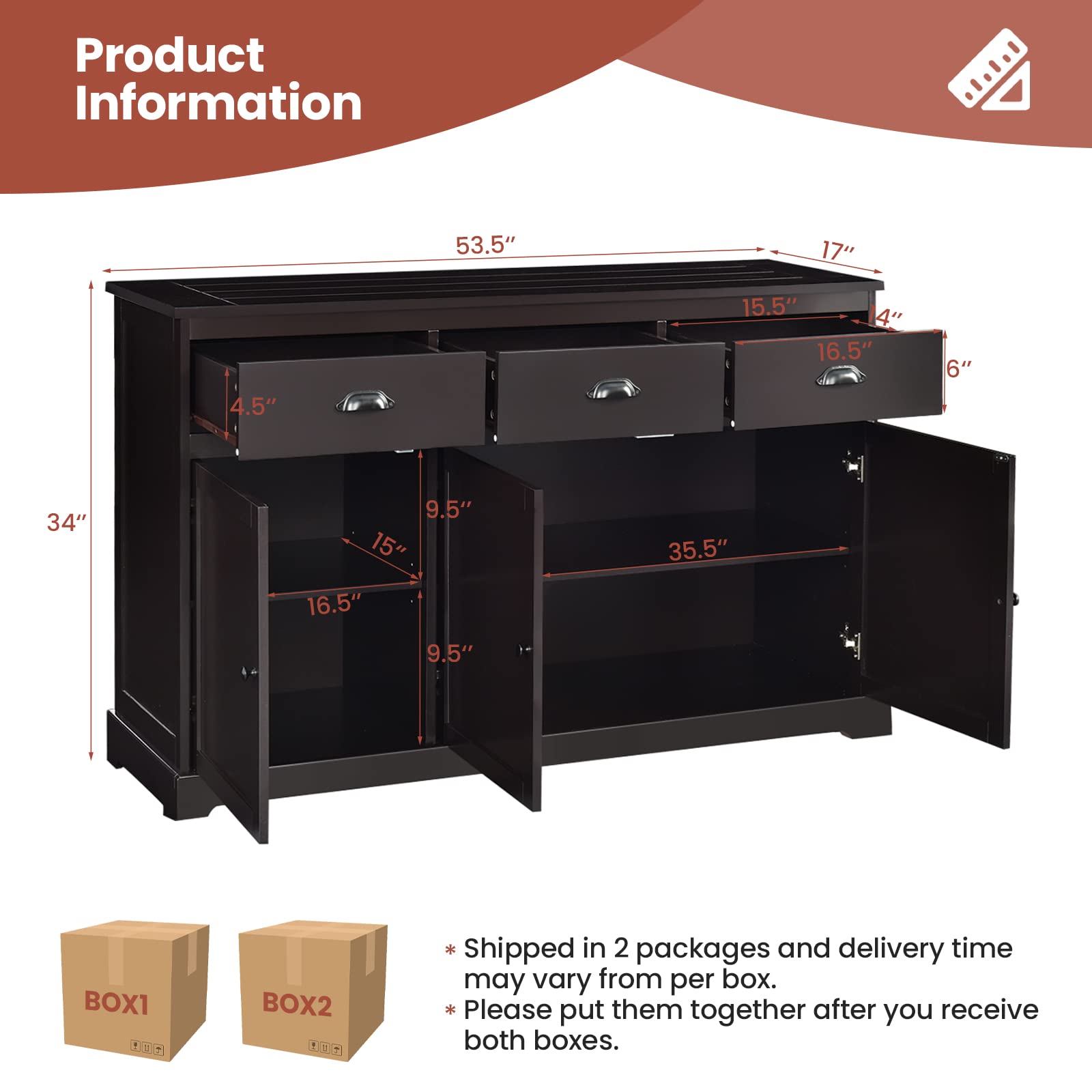 Giantex Sideboard Buffet Server - 2 Cabinets & 3 Drawers Storage Cabinet with Adjustable Shelves, Brown - Perfect for Kitchen, Dining Room & Entryway Organization