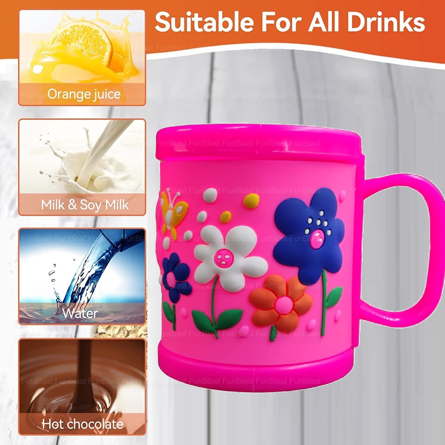 FunBlast Kids Milk Mug with Cartoon Flower Design - 350ML BPA-Free Plastic Drinking Cup for Girls & Boys - Perfect Birthday Gift, Party Favors & Daily Use at Home or School (Pink)