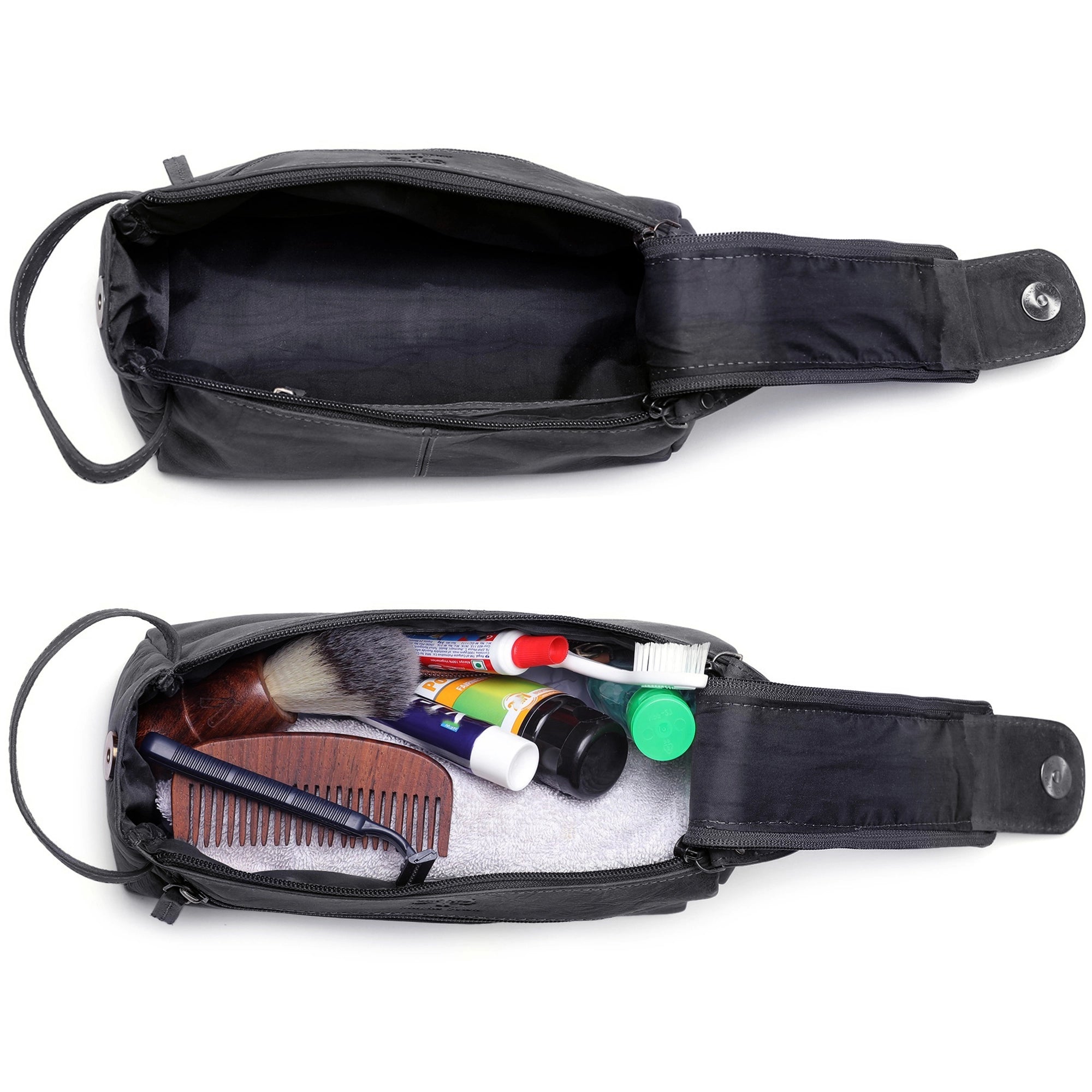 Premium Leather Travel Toiletry Bag for Men & Women - Waterproof Grey Cosmetic Organizer - Perfect for Vacation, Business Trips & Gym Essentials Storage