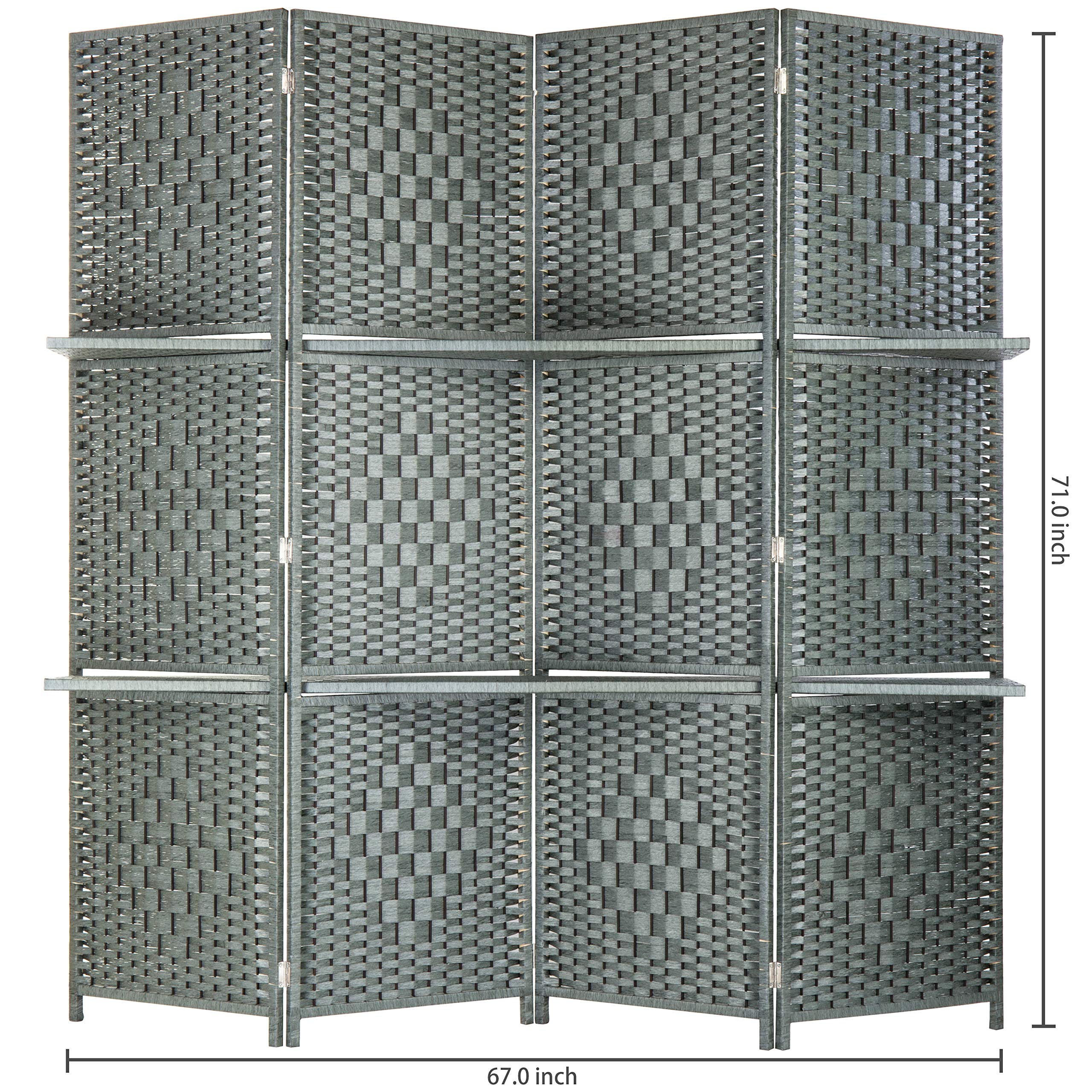 MyGift 6-Foot Gray Bamboo Woven 4-Panel Room Divider with 2 Shelves - Stylish Space Separator for Home Office, Living Room & Bedroom Privacy
